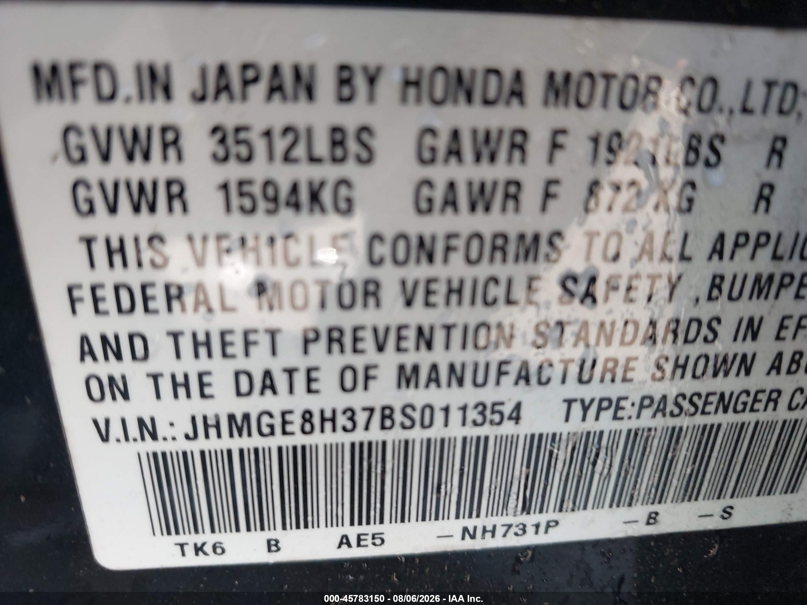 2011 Honda Fit Black vin: JHMGE8H37BS011354