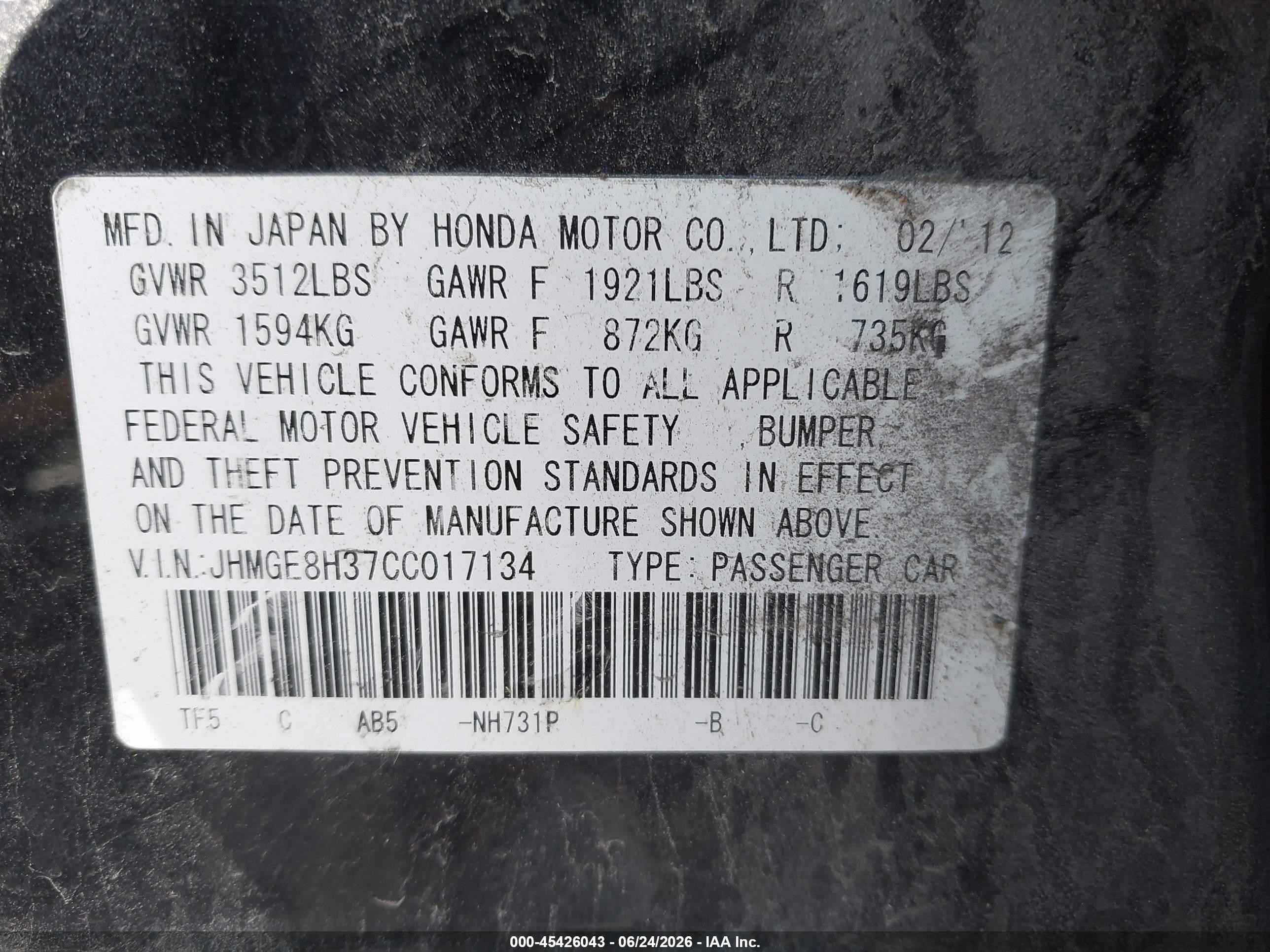 2012 Honda Fit   Black vin: JHMGE8H37CC017134