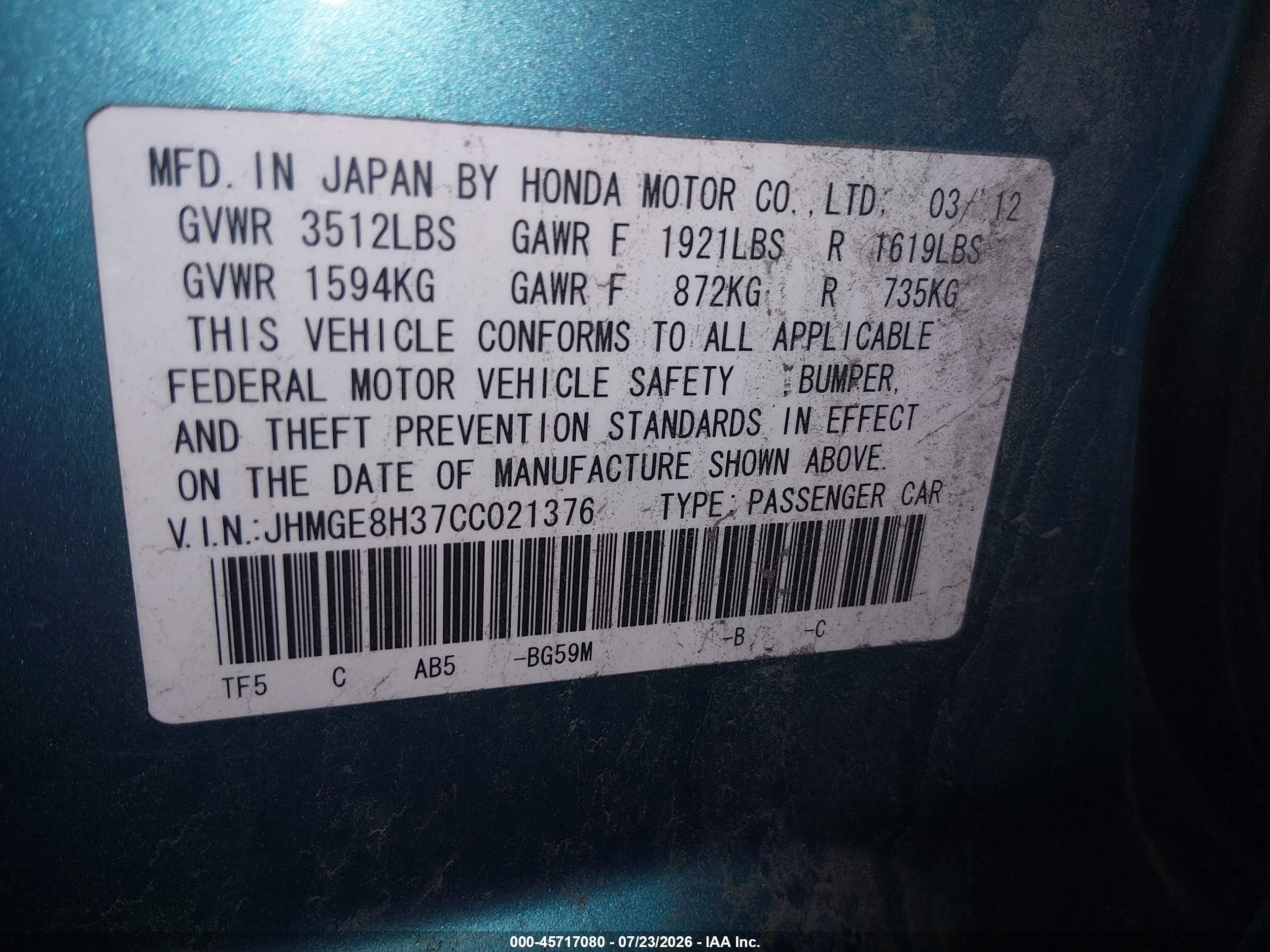 2012 Honda Fit   Green vin: JHMGE8H37CC021376
