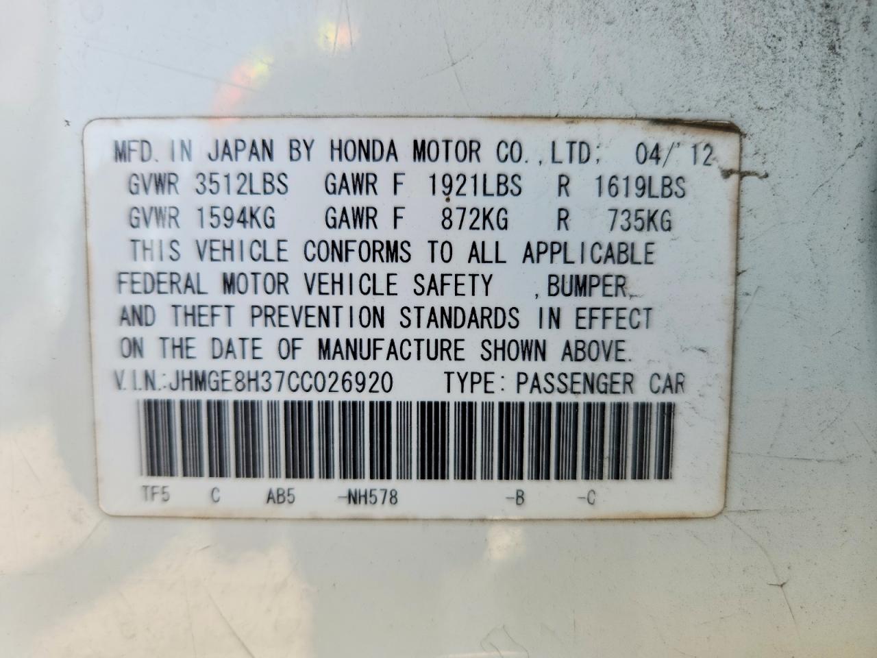 2012 Honda Fit White vin: JHMGE8H37CC026920