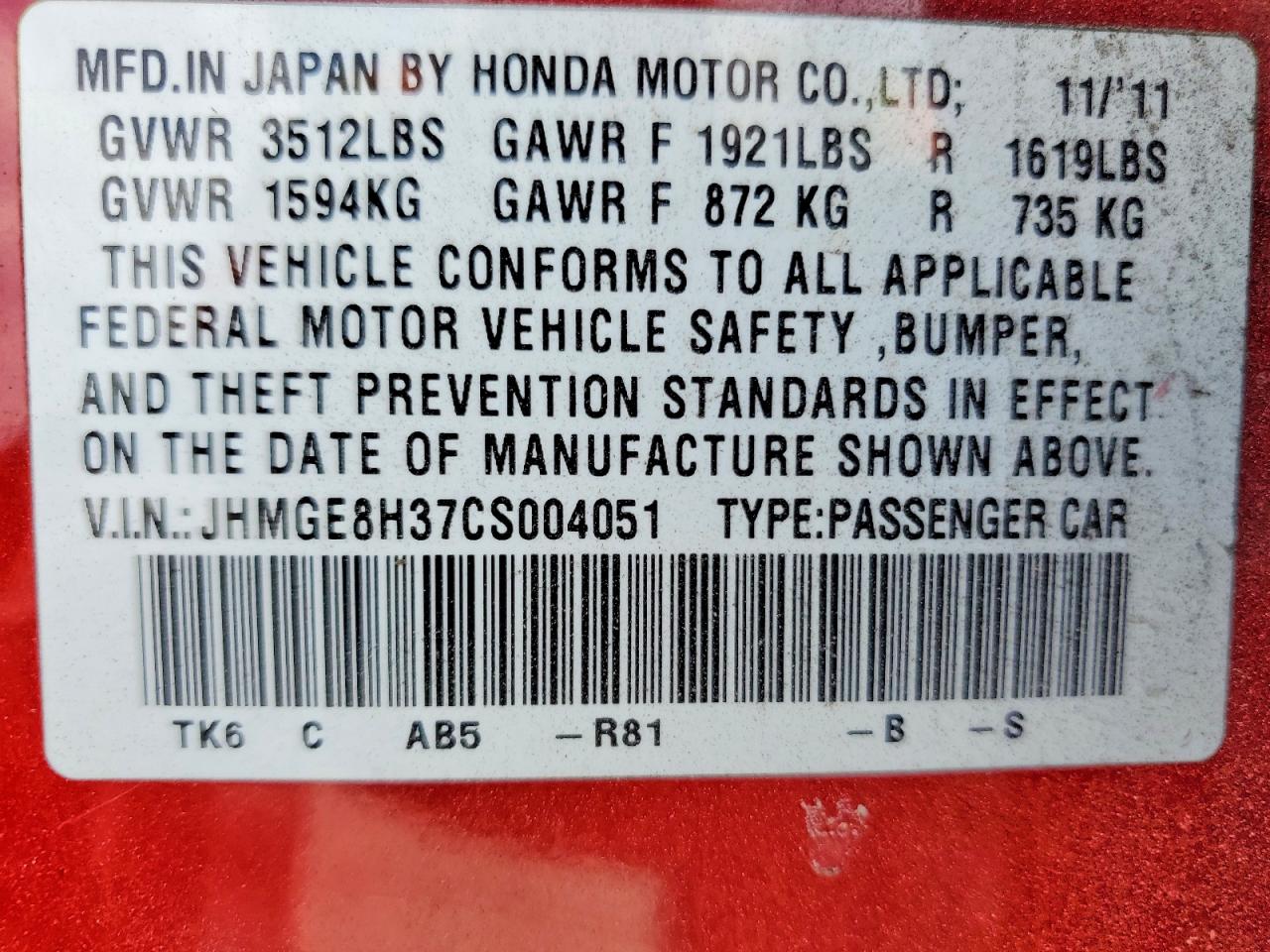 2012 Honda Fit Sport Red vin: JHMGE8H37CS004051