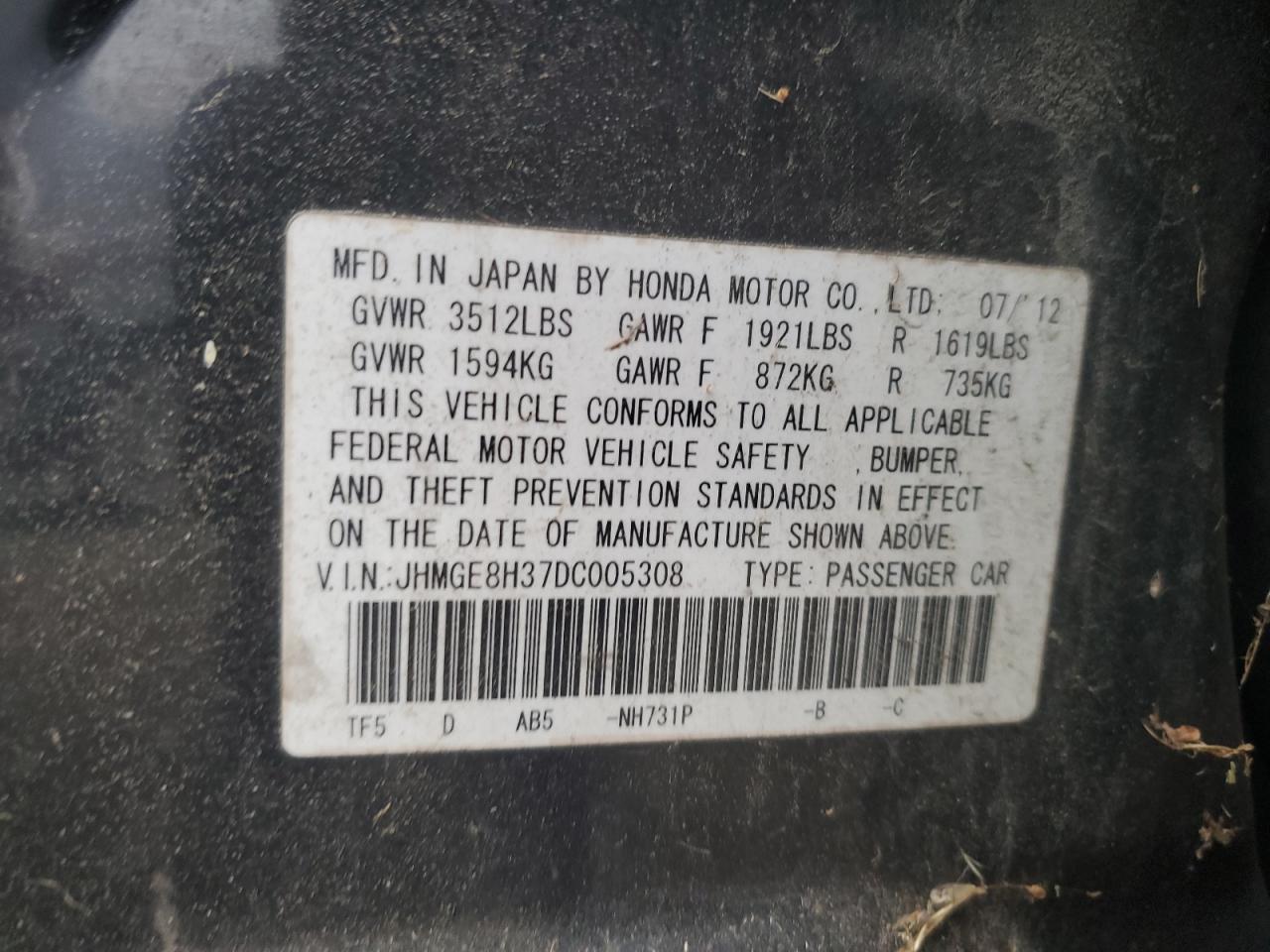 2013 Honda Fit Black vin: JHMGE8H37DC005308