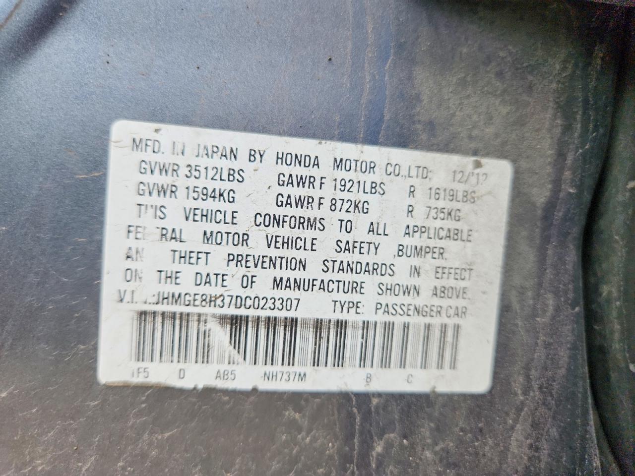 2013 Honda Fit Gray vin: JHMGE8H37DC023307