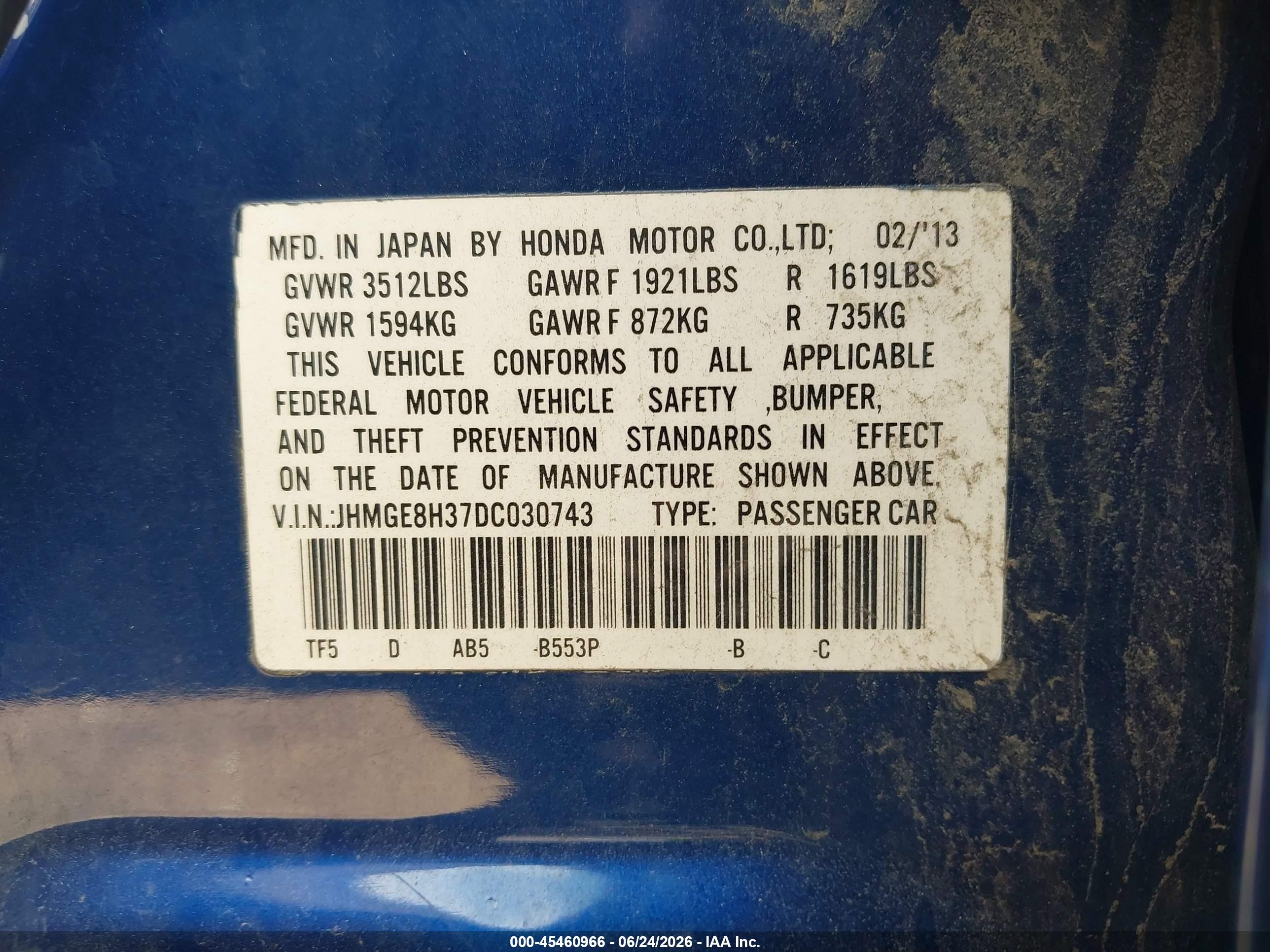 2013 Honda Fit   Dark Blue vin: JHMGE8H37DC030743