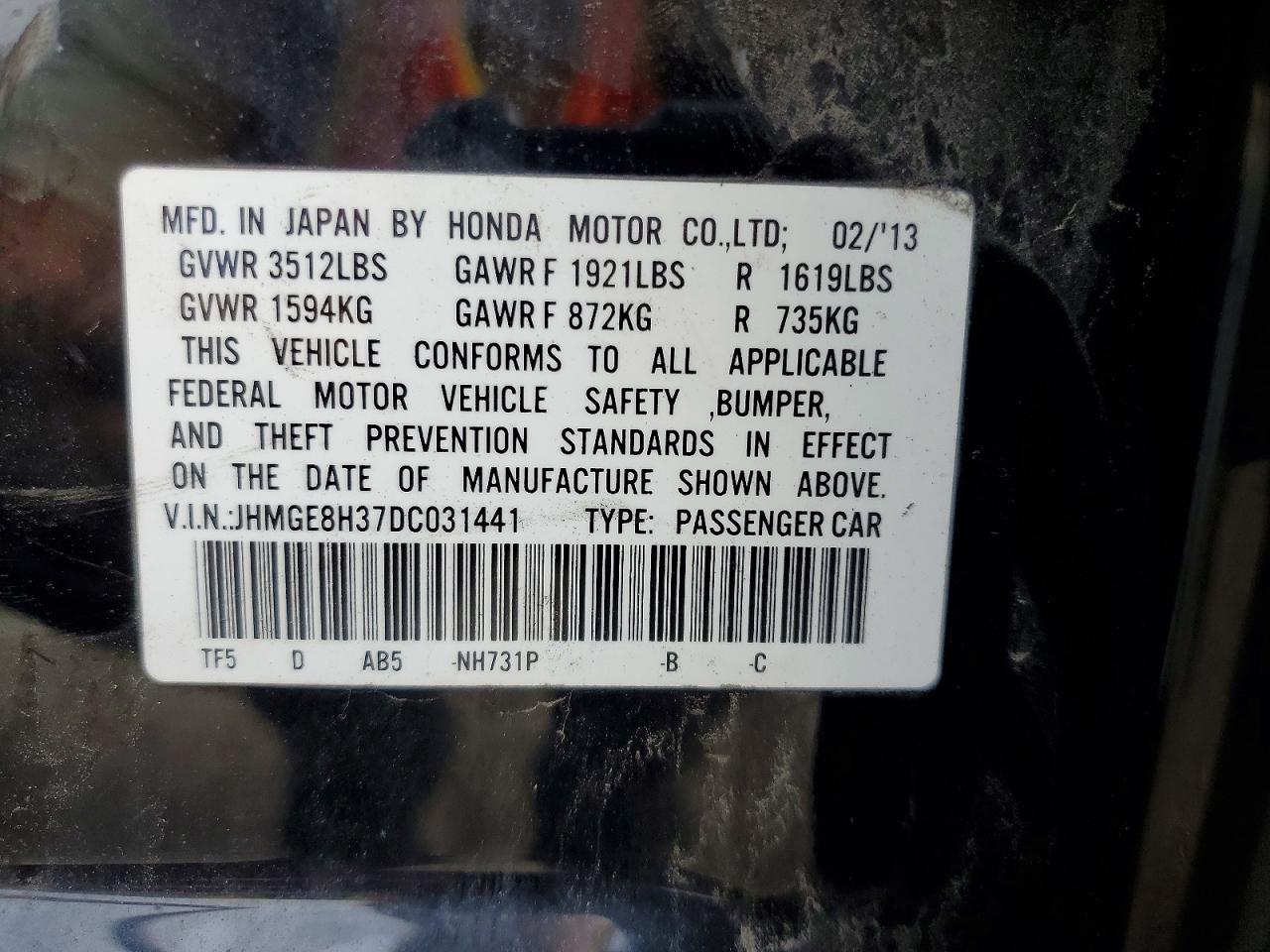 2013 Honda Fit Black vin: JHMGE8H37DC031441