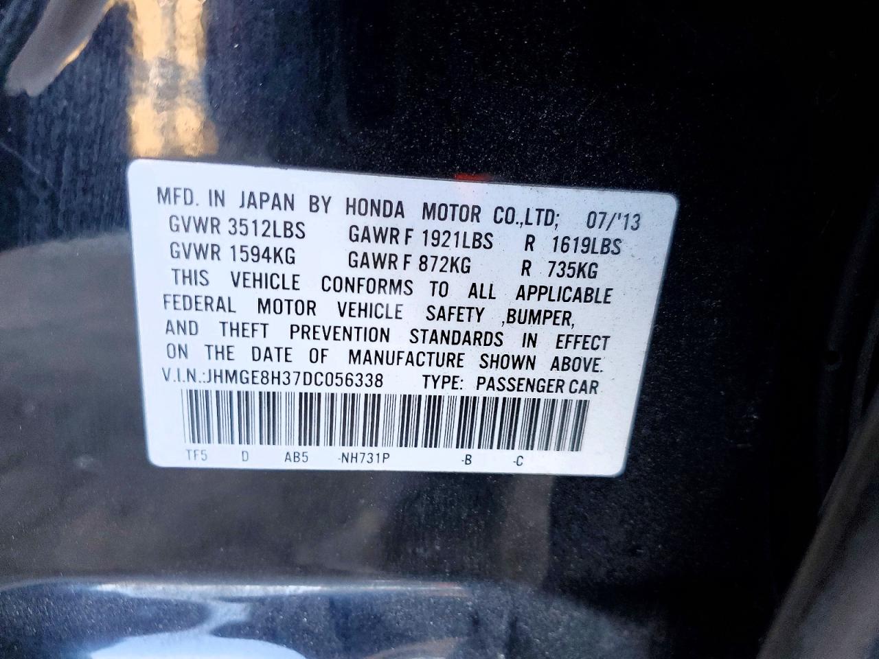 2013 Honda Fit Black vin: JHMGE8H37DC056338