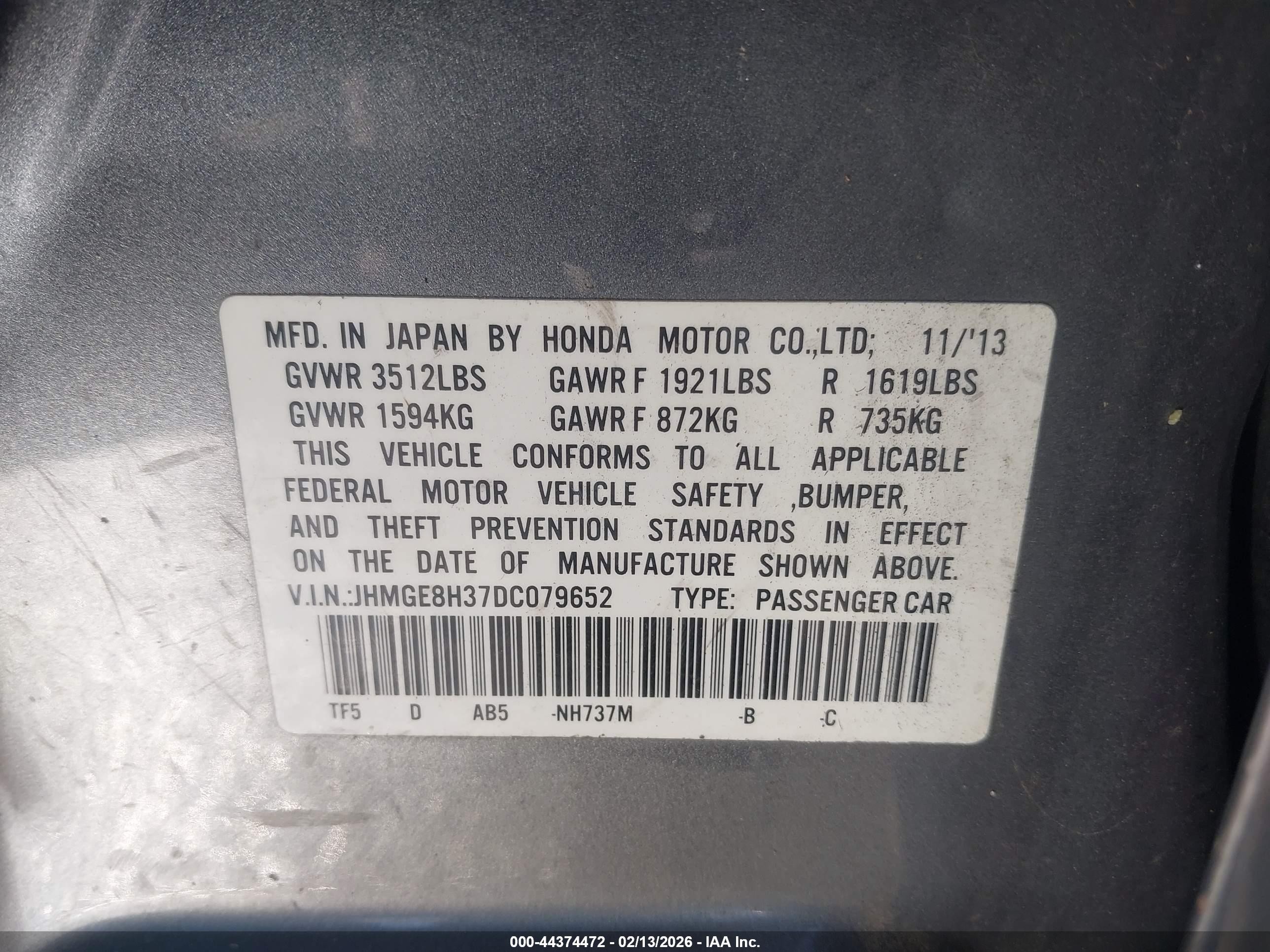 2013 Honda Fit   Gray vin: JHMGE8H37DC079652
