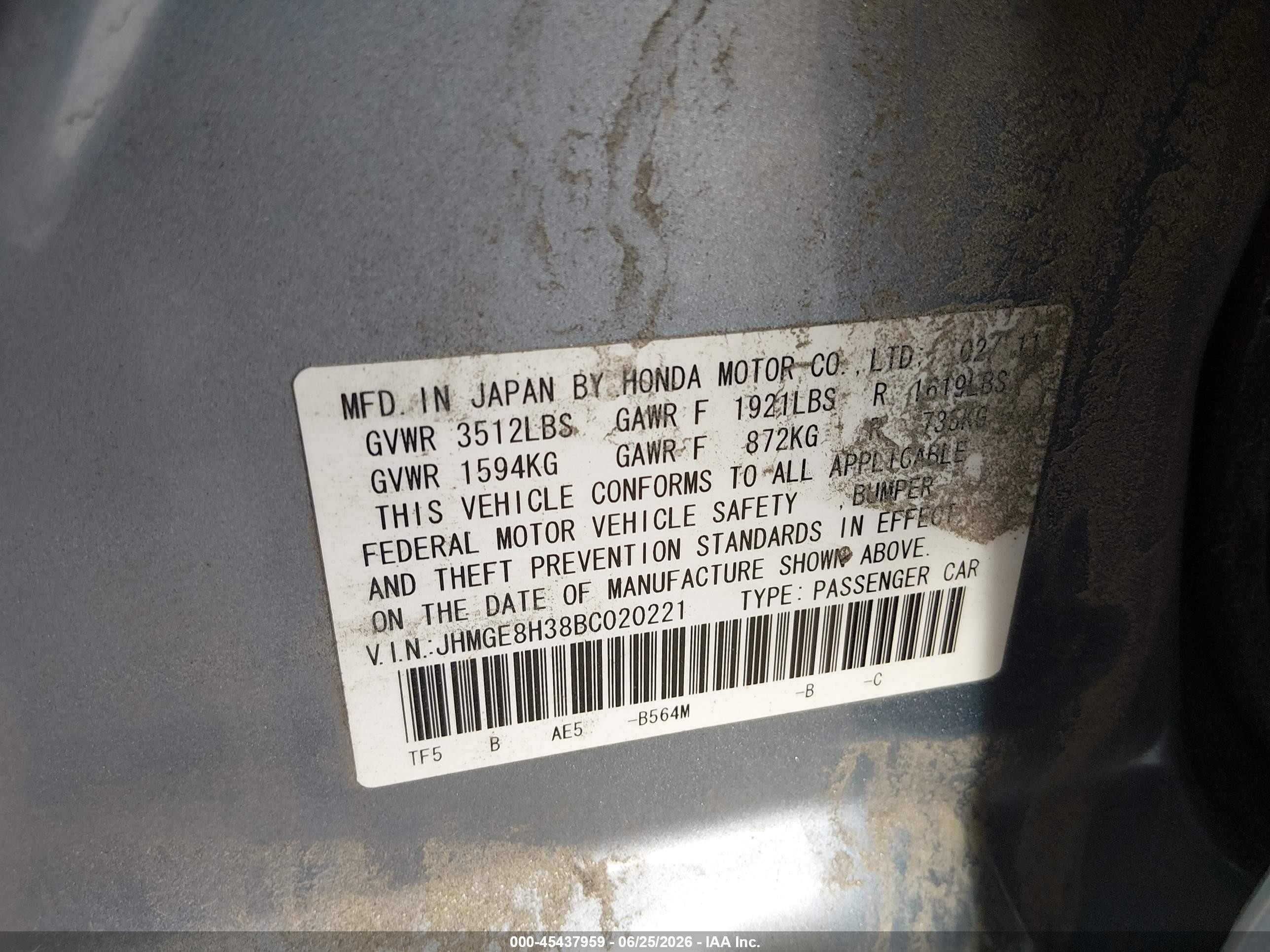 2011 Honda Fit Light Blue vin: JHMGE8H38BC020221