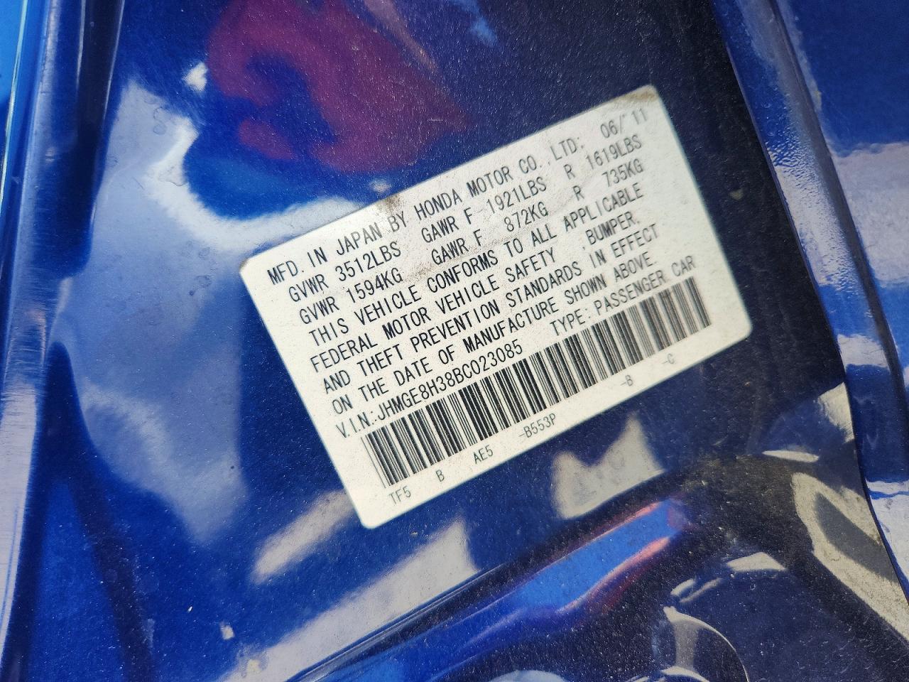 2011 Honda Fit Blue vin: JHMGE8H38BC023085