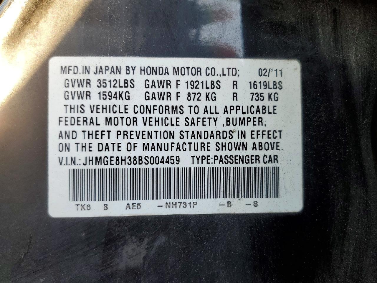 2011 Honda Fit Black vin: JHMGE8H38BS004459