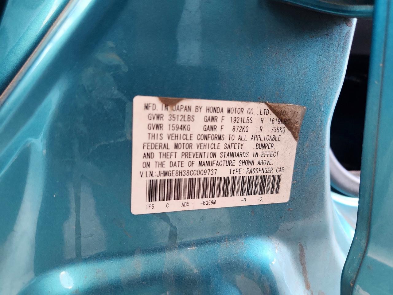 2012 Honda Fit Blue vin: JHMGE8H38CC009737