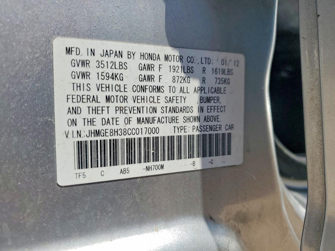2012 Honda Fit Silver vin: JHMGE8H38CC017000