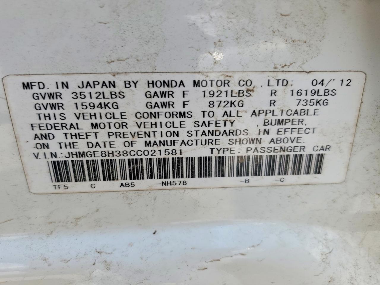 2012 Honda Fit White vin: JHMGE8H38CC021581