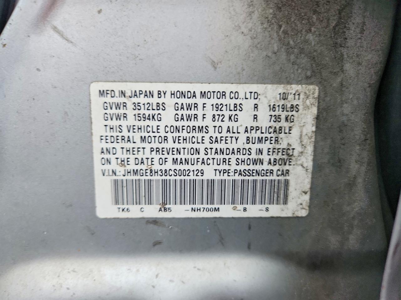 2012 Honda Fit Silver vin: JHMGE8H38CS002129