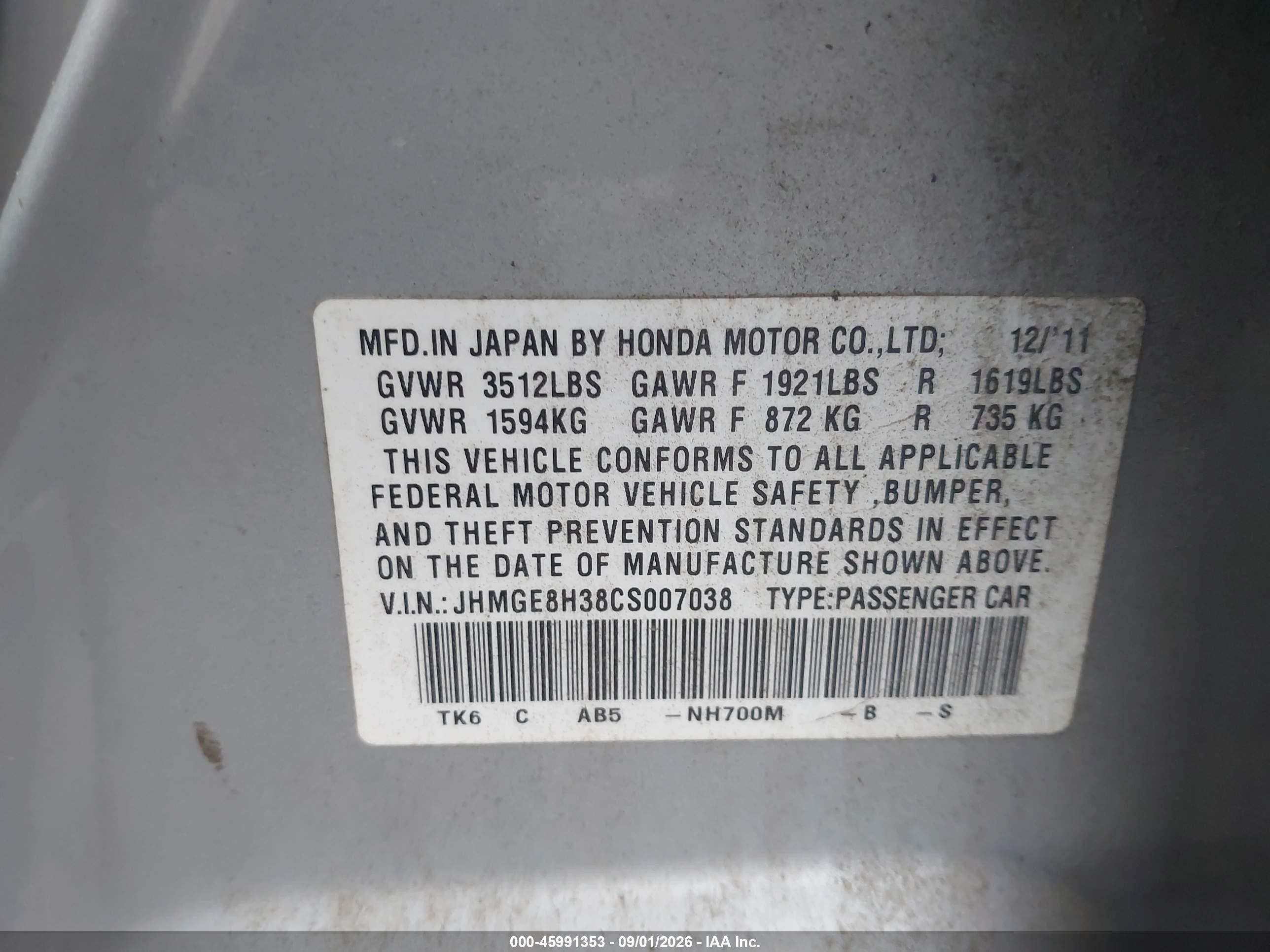2012 Honda Fit   Silver vin: JHMGE8H38CS007038