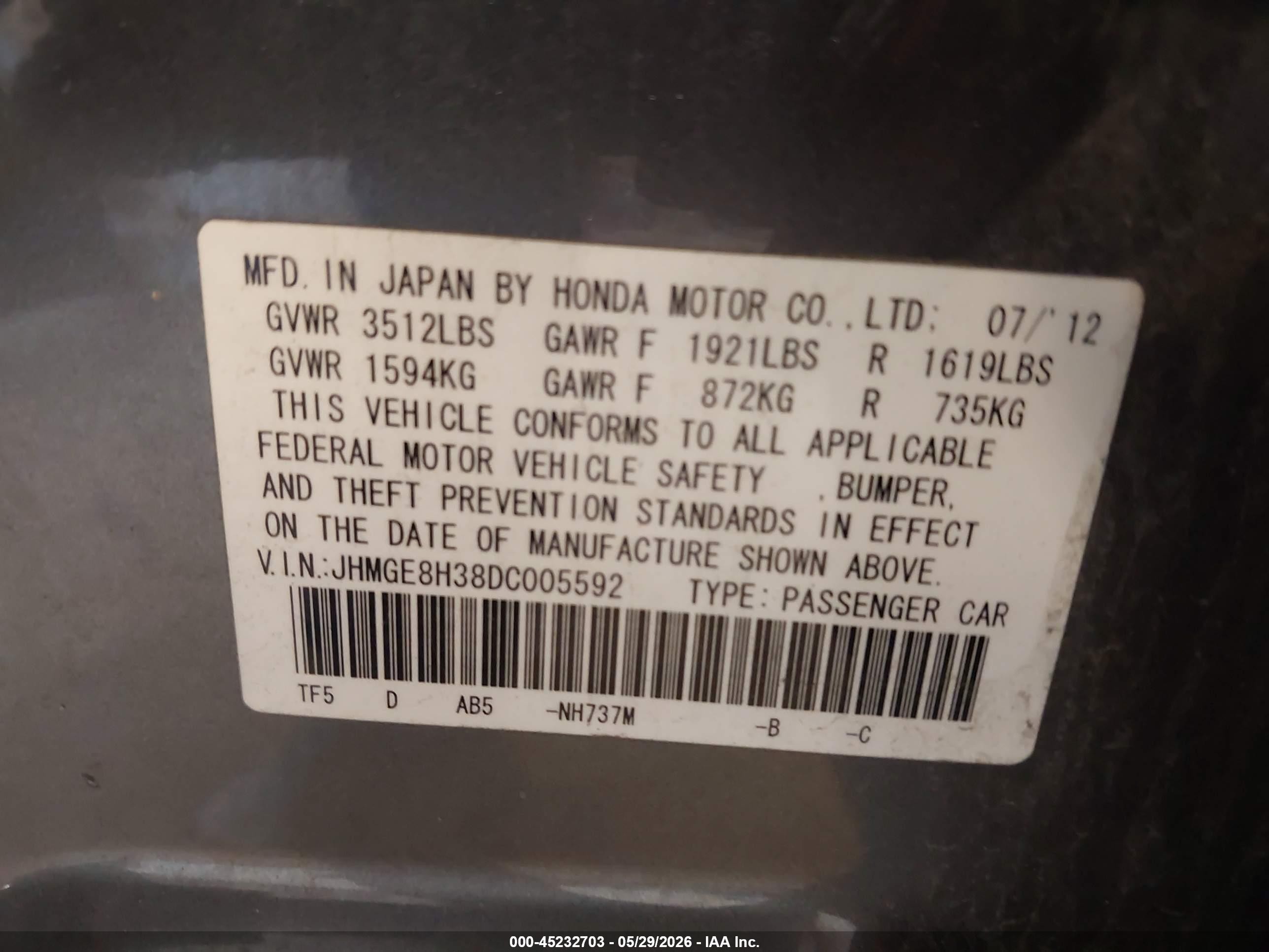 2013 Honda Fit   Gray vin: JHMGE8H38DC005592