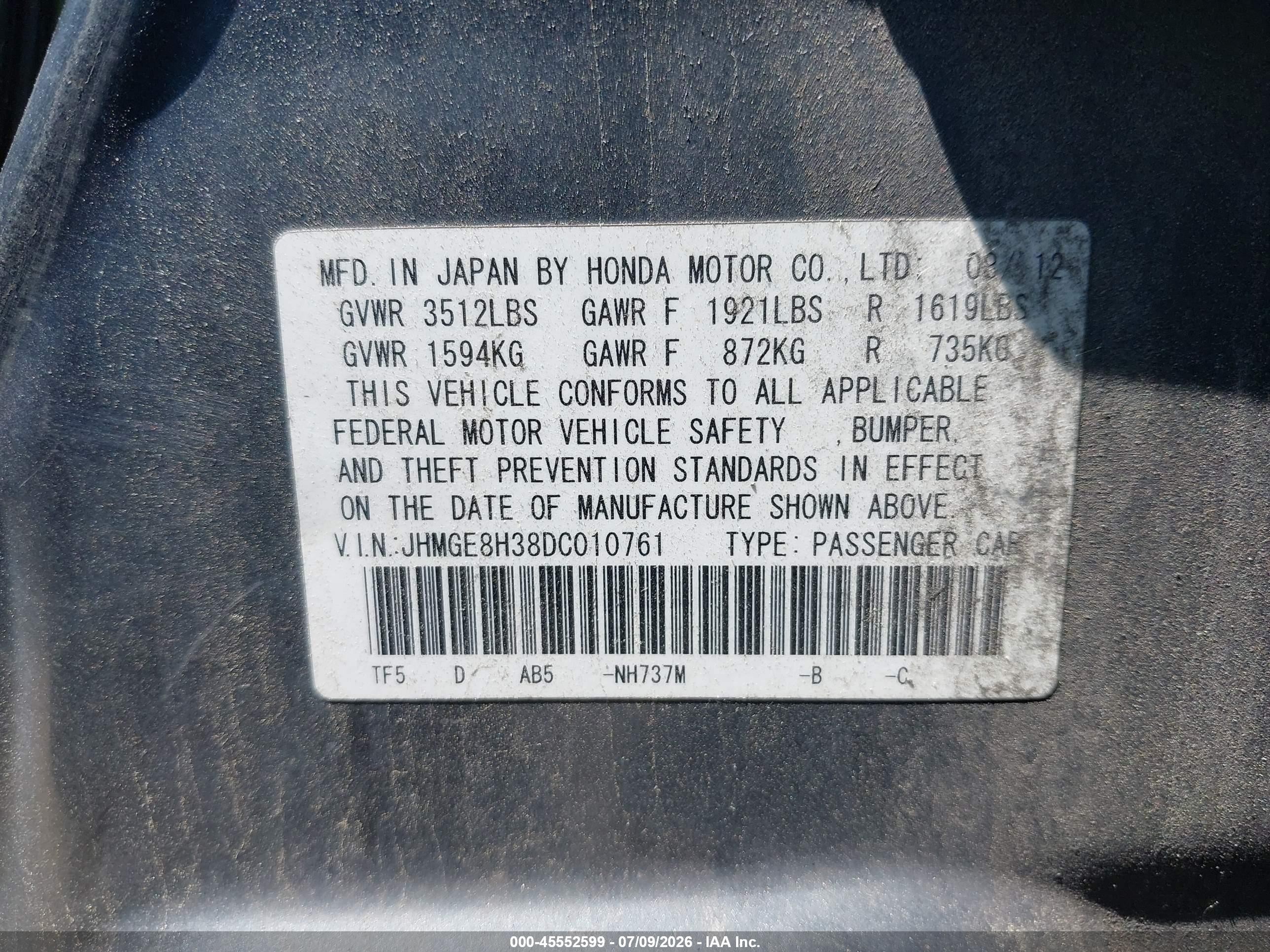 2013 Honda Fit Gray vin: JHMGE8H38DC010761