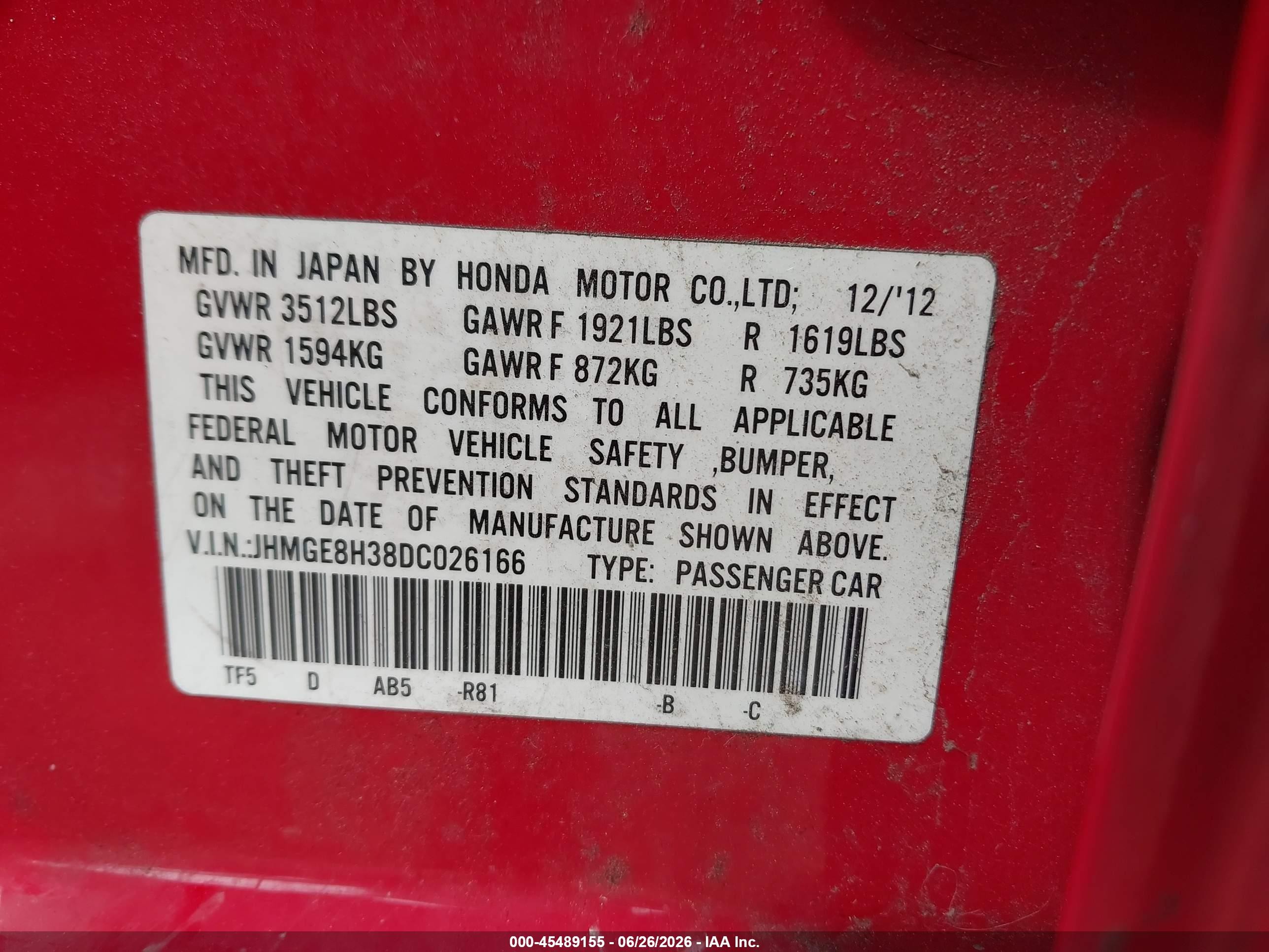 2013 Honda Fit   Red vin: JHMGE8H38DC026166