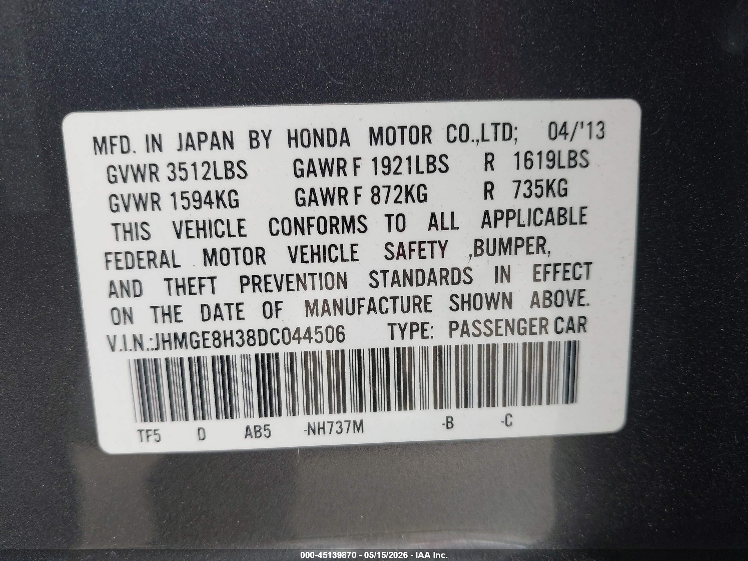 2013 Honda Fit   Gray vin: JHMGE8H38DC044506