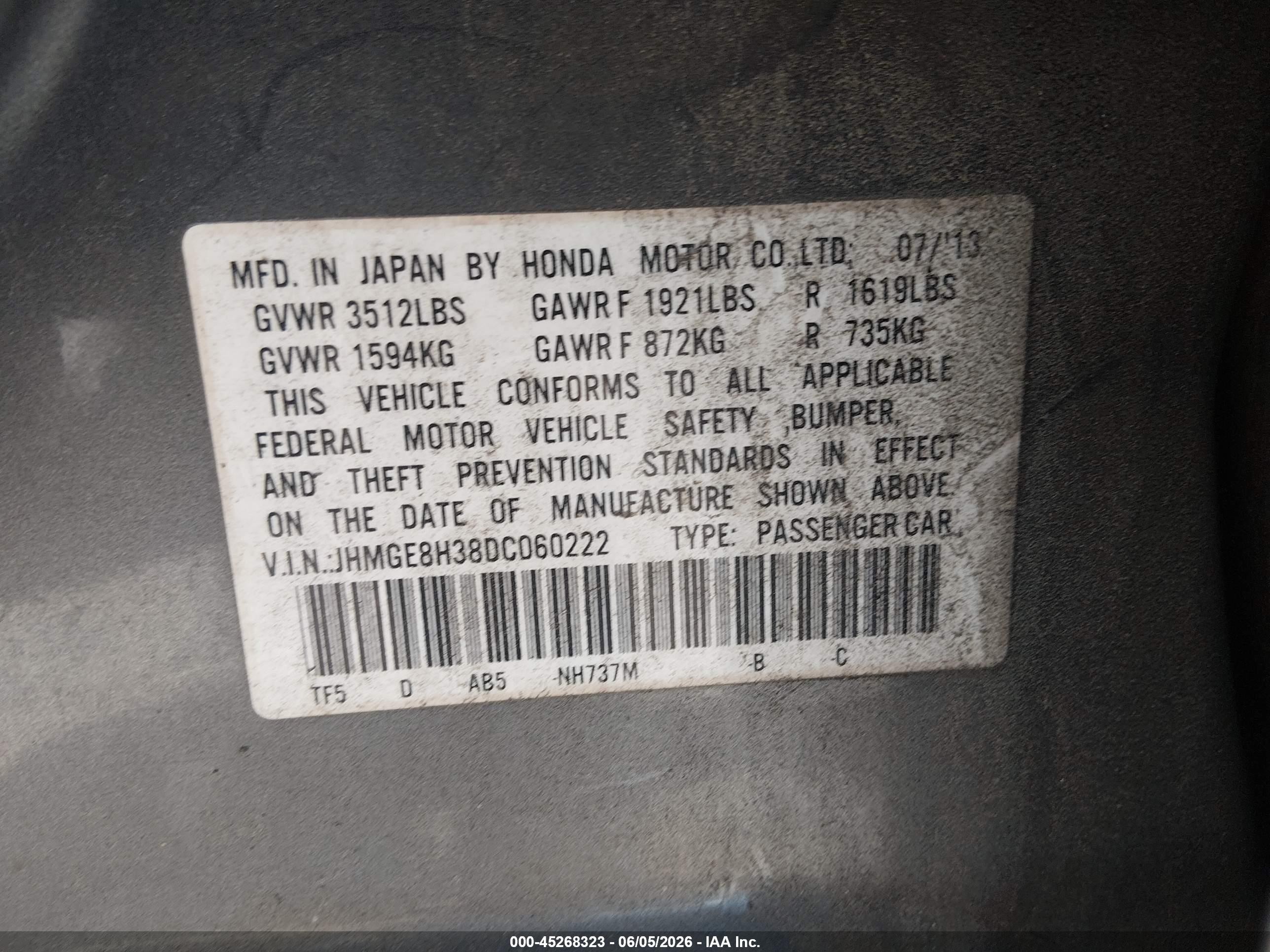 2013 Honda Fit   Gray vin: JHMGE8H38DC060222