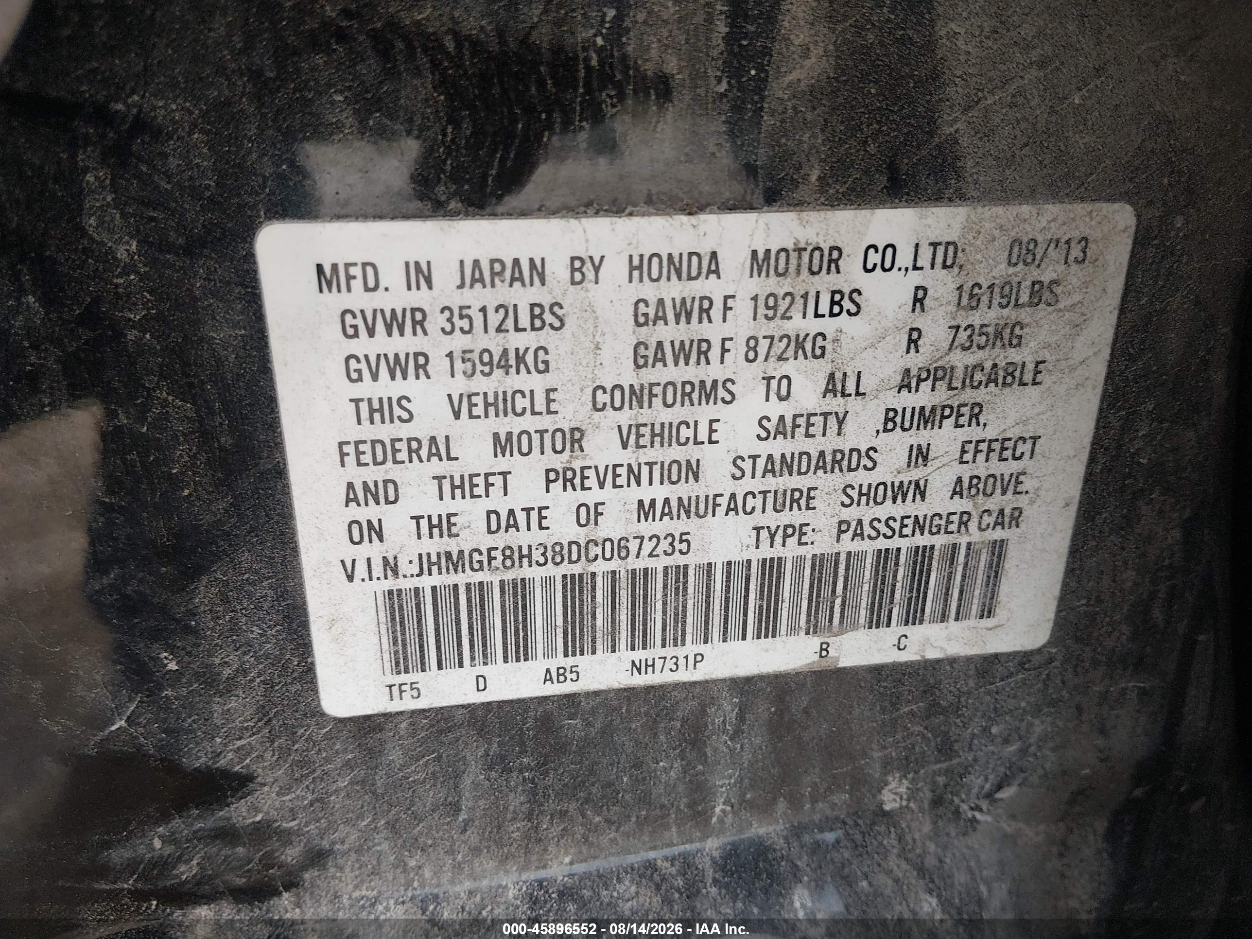 2013 Honda Fit   Black vin: JHMGE8H38DC067235