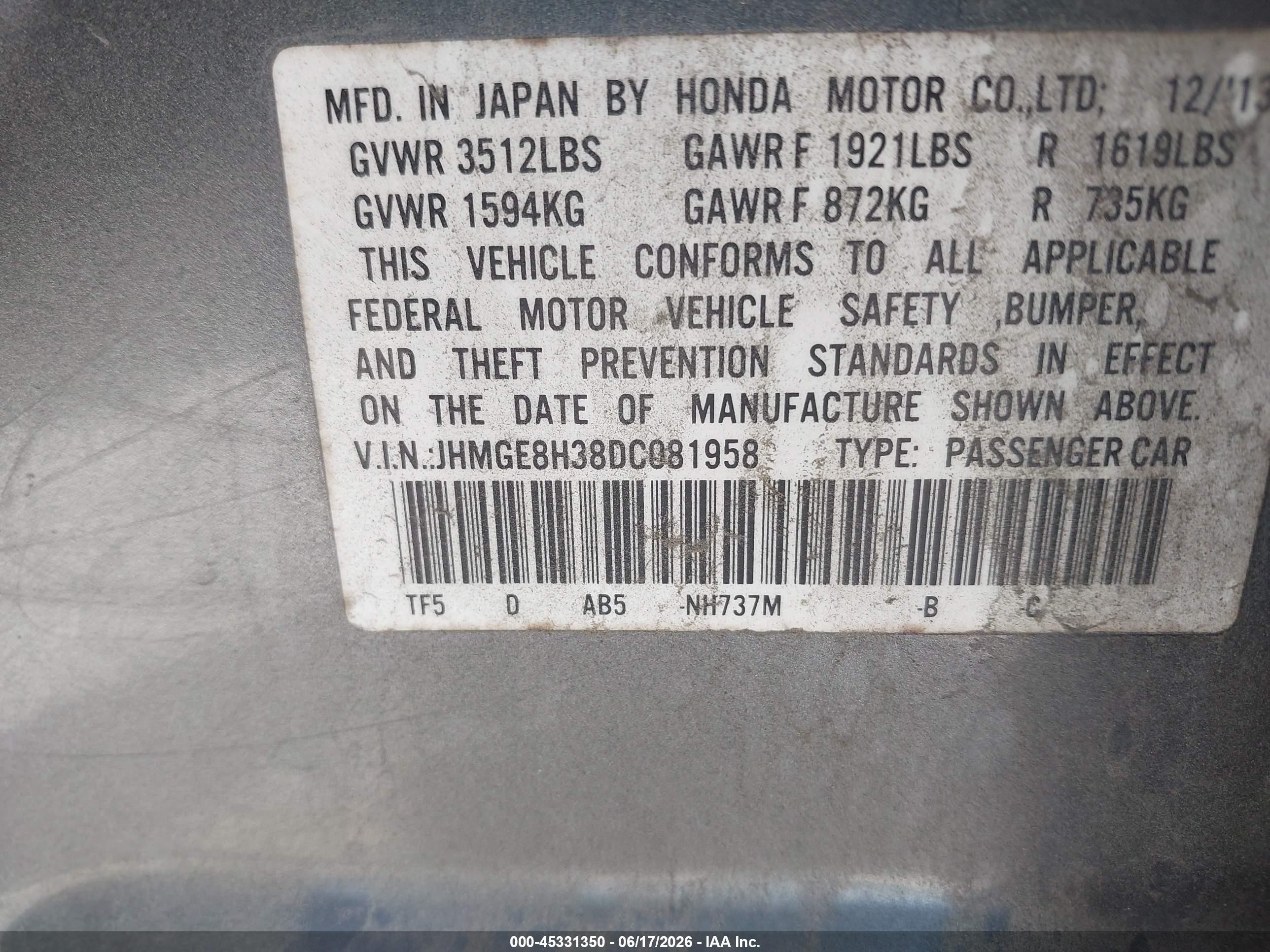 2013 Honda Fit   Gray vin: JHMGE8H38DC081958
