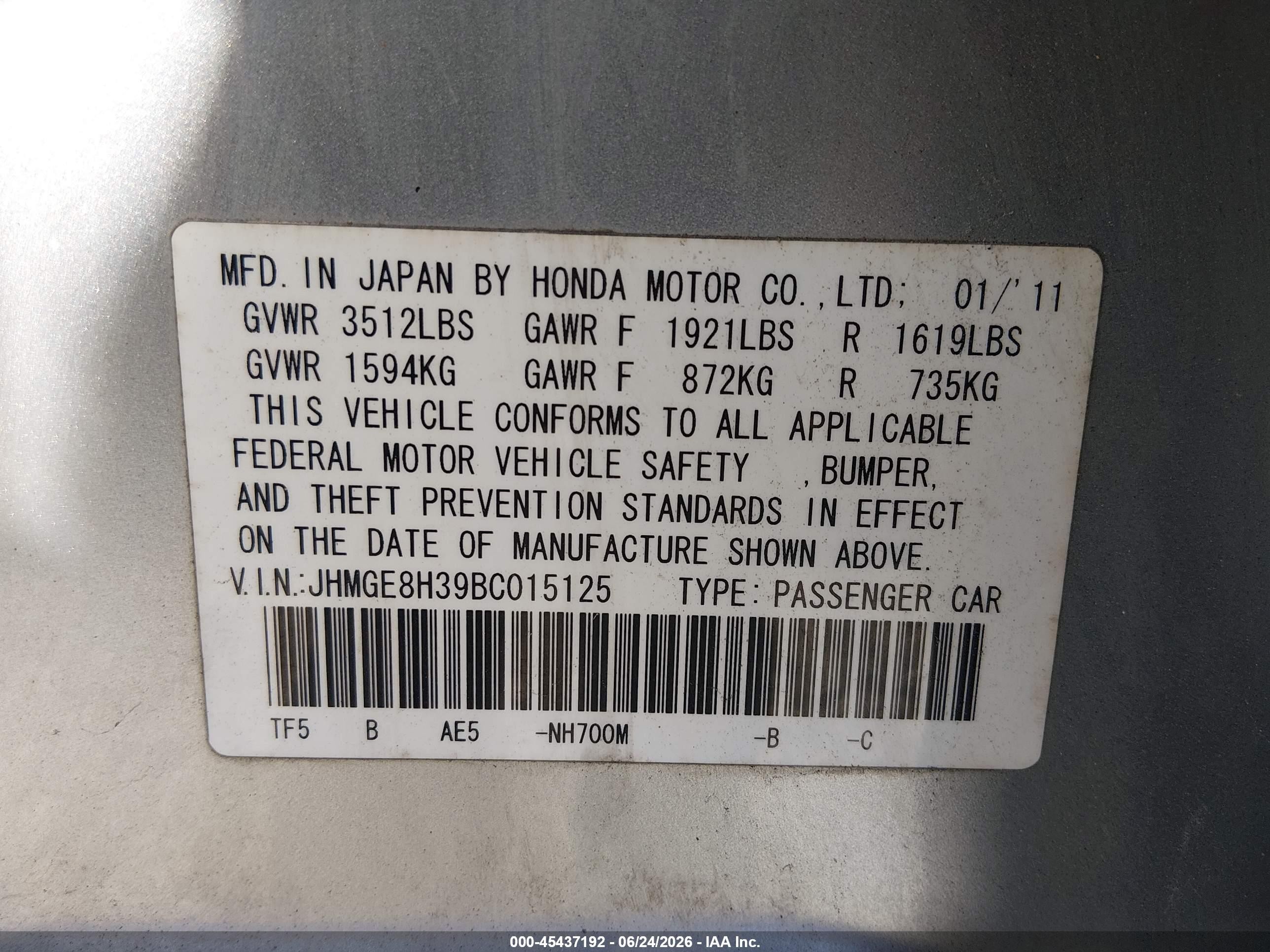 2011 Honda Fit   Silver vin: JHMGE8H39BC015125