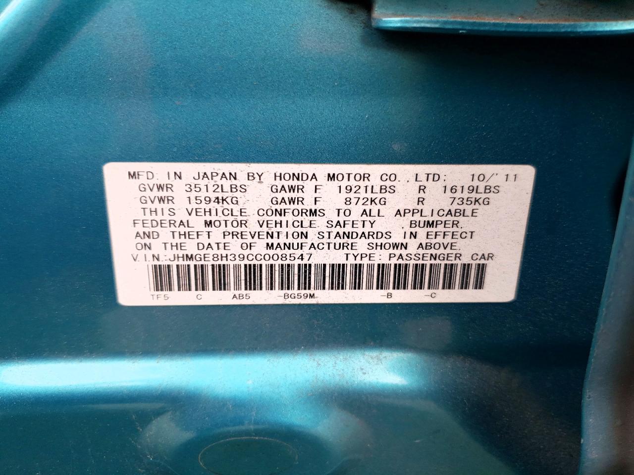 2012 Honda Fit Green vin: JHMGE8H39CC008547