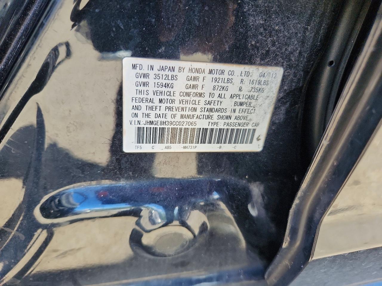 2012 Honda Fit Black vin: JHMGE8H39CC027065
