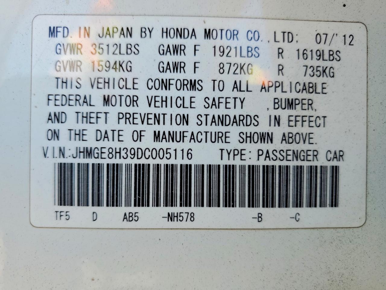 2013 Honda Fit White vin: JHMGE8H39DC005116
