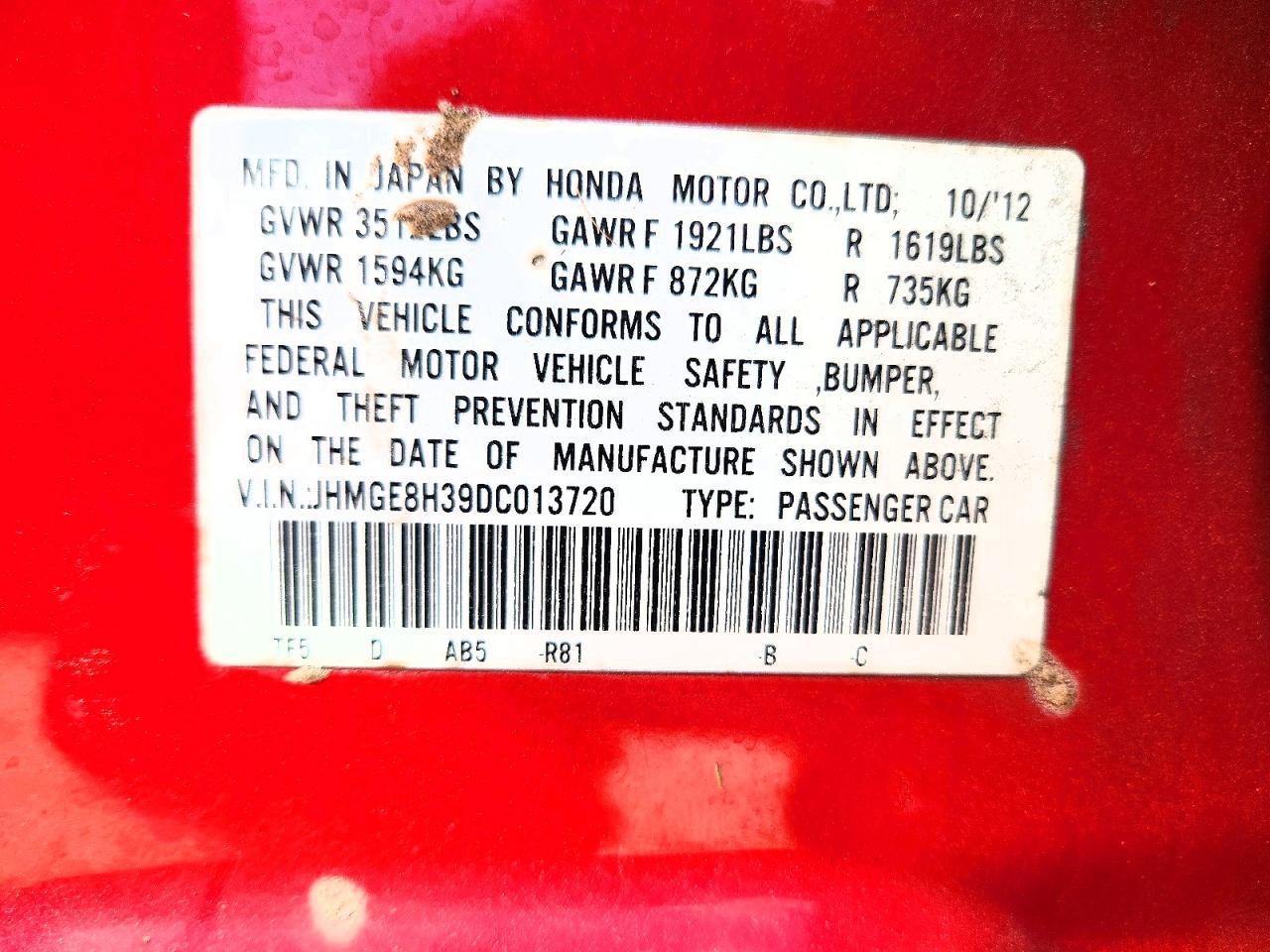 2013 Honda Fit Red vin: JHMGE8H39DC013720
