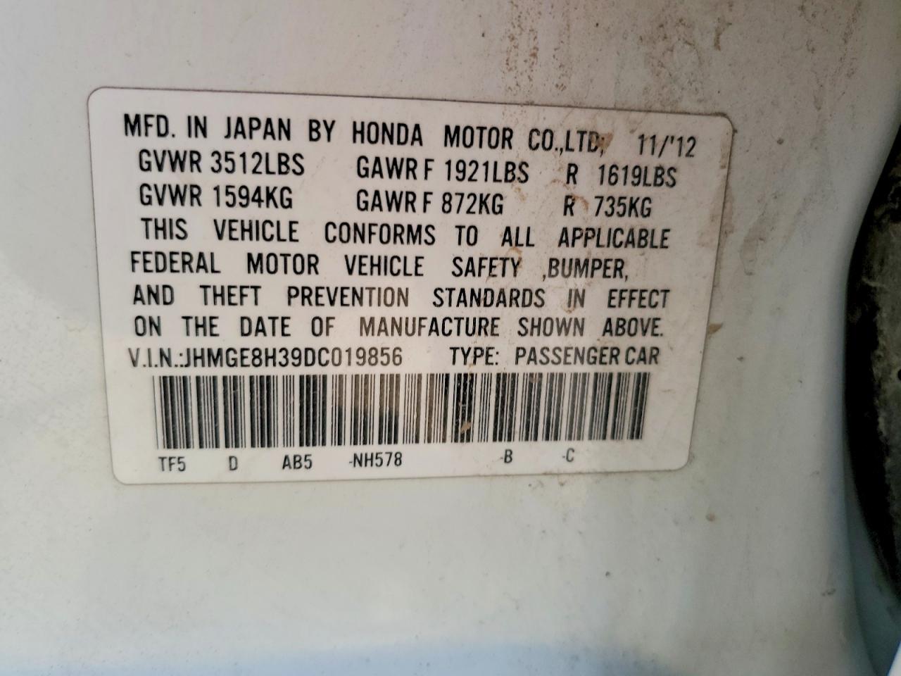 2013 Honda Fit Белый vin: JHMGE8H39DC019856