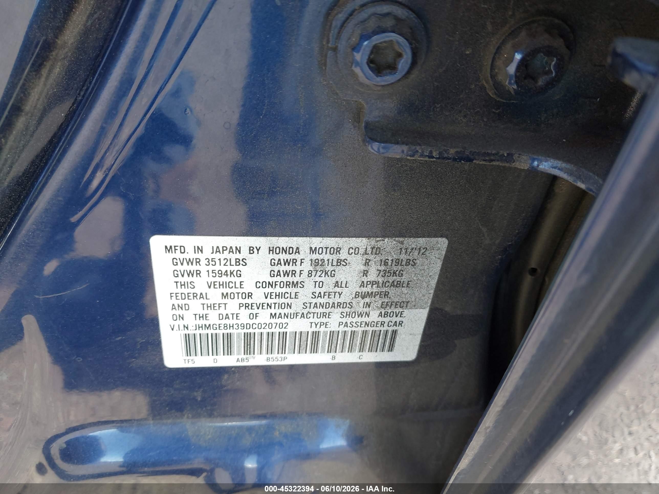 2013 Honda Fit   Blue vin: JHMGE8H39DC020702