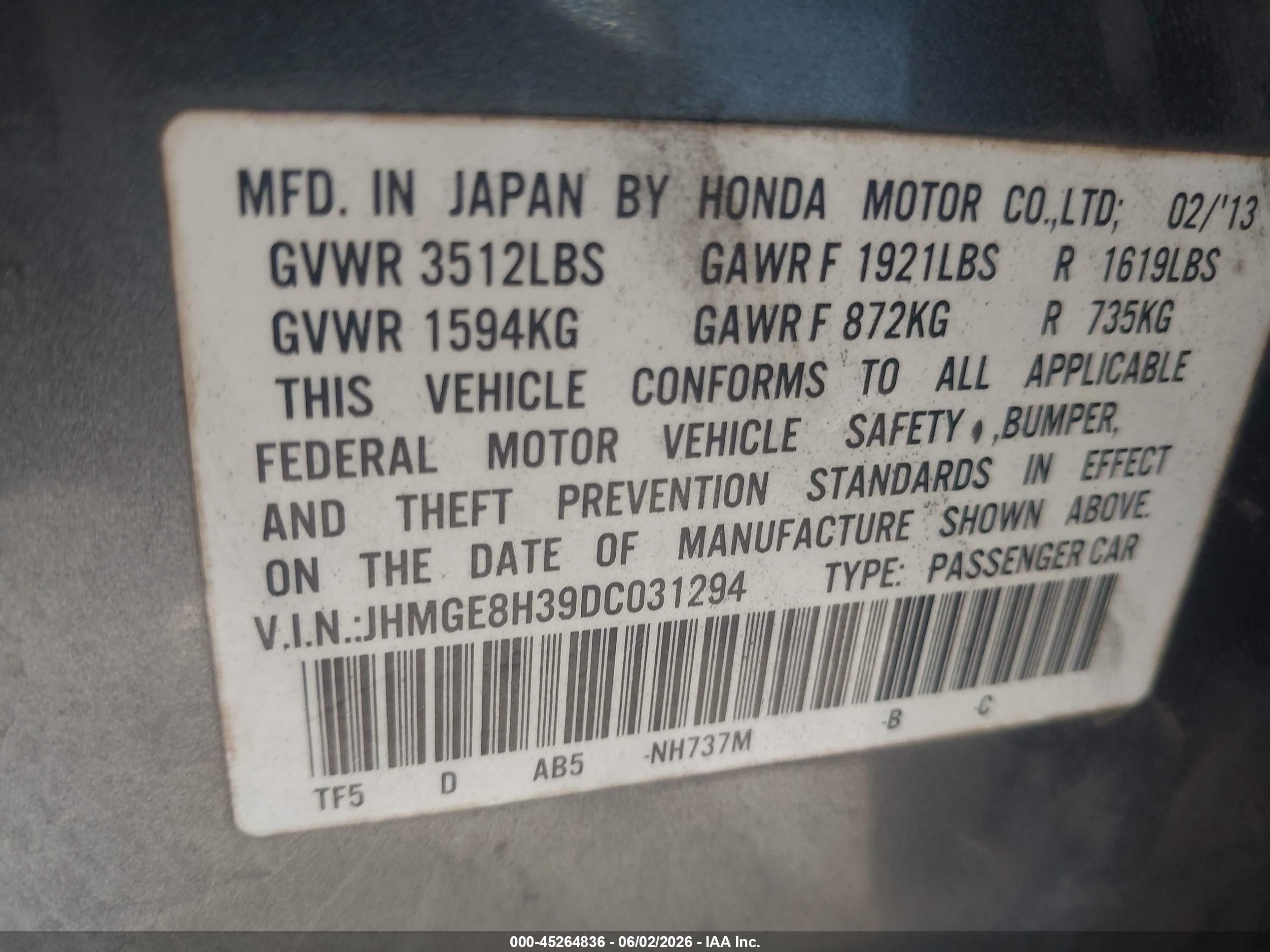 2013 Honda Fit   Gray vin: JHMGE8H39DC031294