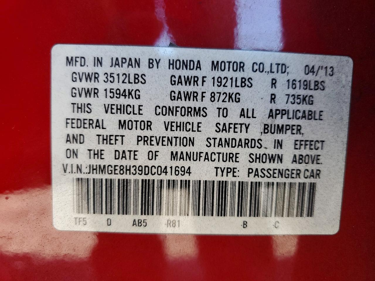 2013 Honda Fit Красный vin: JHMGE8H39DC041694