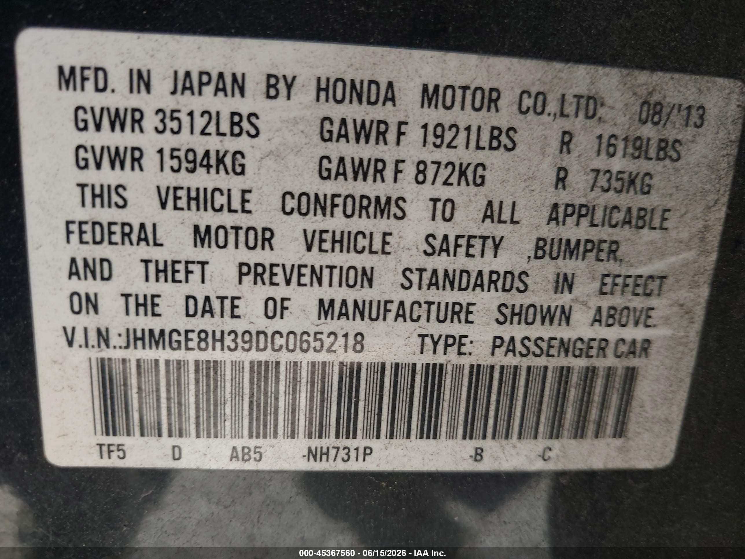 2013 Honda Fit   Black vin: JHMGE8H39DC065218