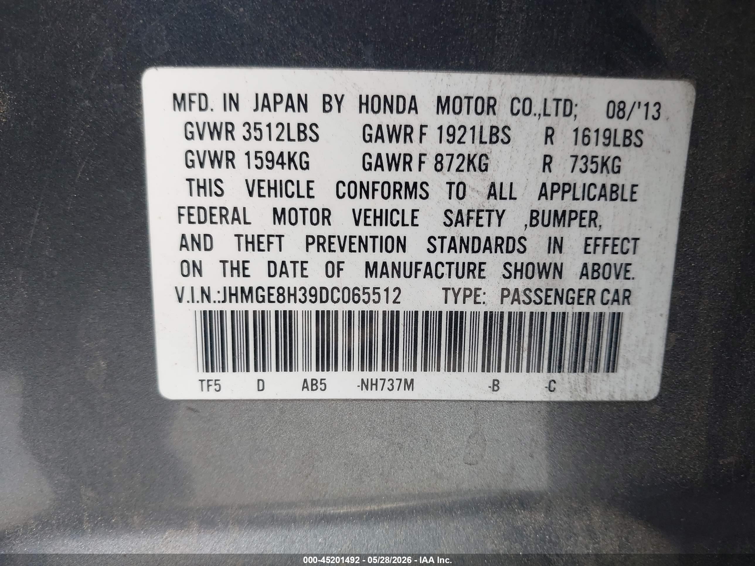 2013 Honda Fit   Black vin: JHMGE8H39DC065512