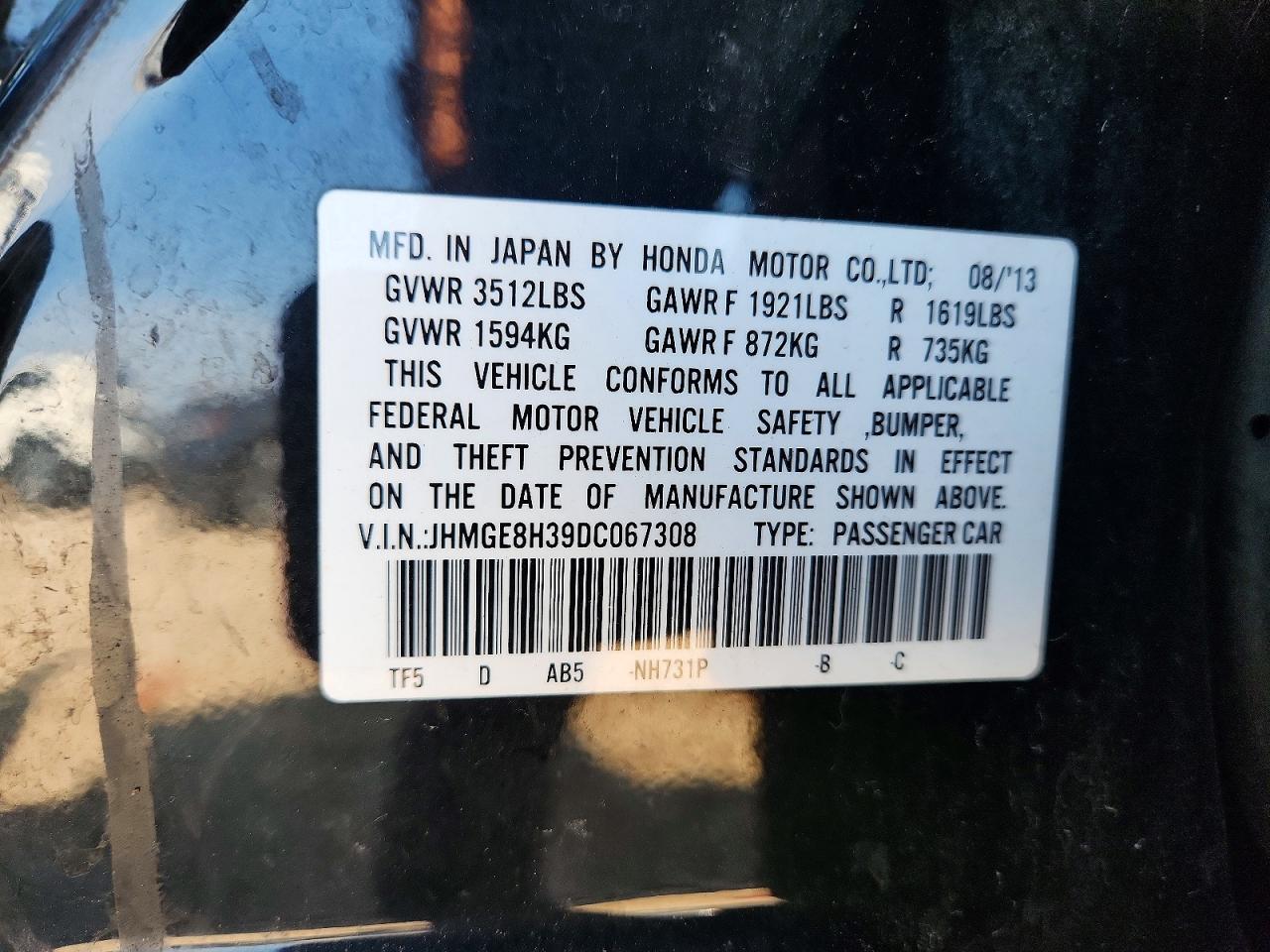2013 Honda Fit Black vin: JHMGE8H39DC067308