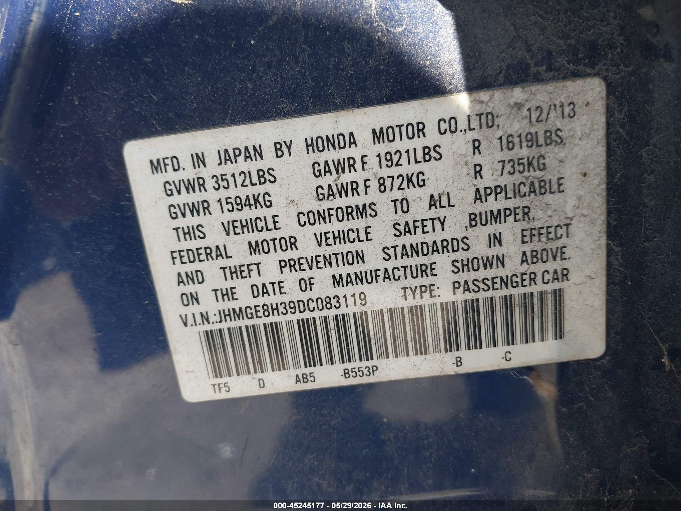 2013 Honda Fit   Синий vin: JHMGE8H39DC083119
