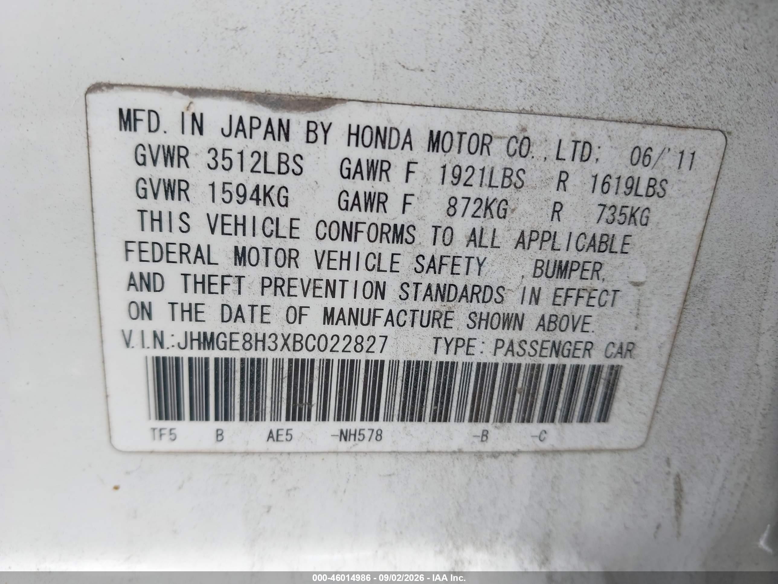 2011 Honda Fit   White vin: JHMGE8H3XBC022827