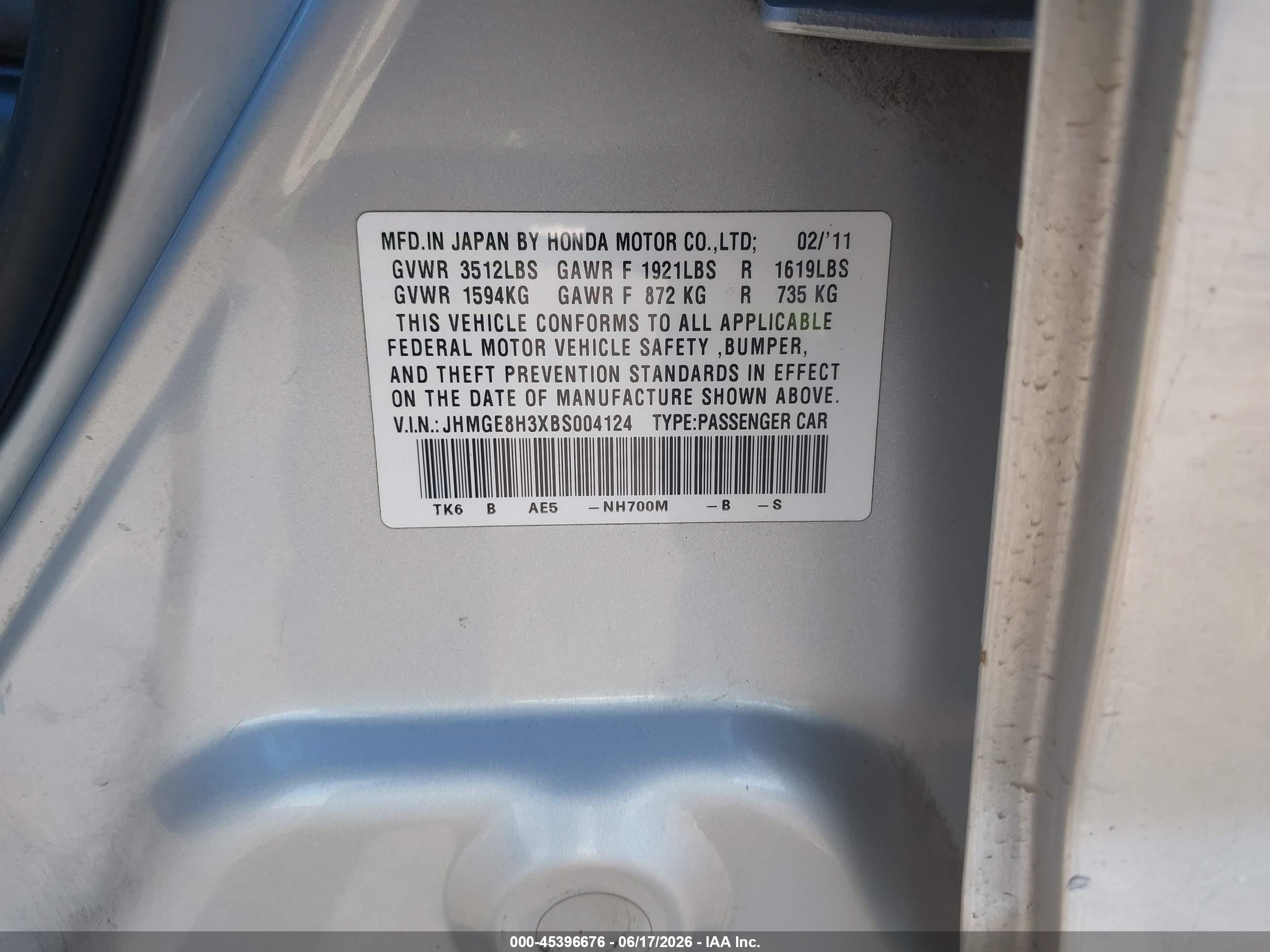 2011 Honda Fit   Gray vin: JHMGE8H3XBS004124
