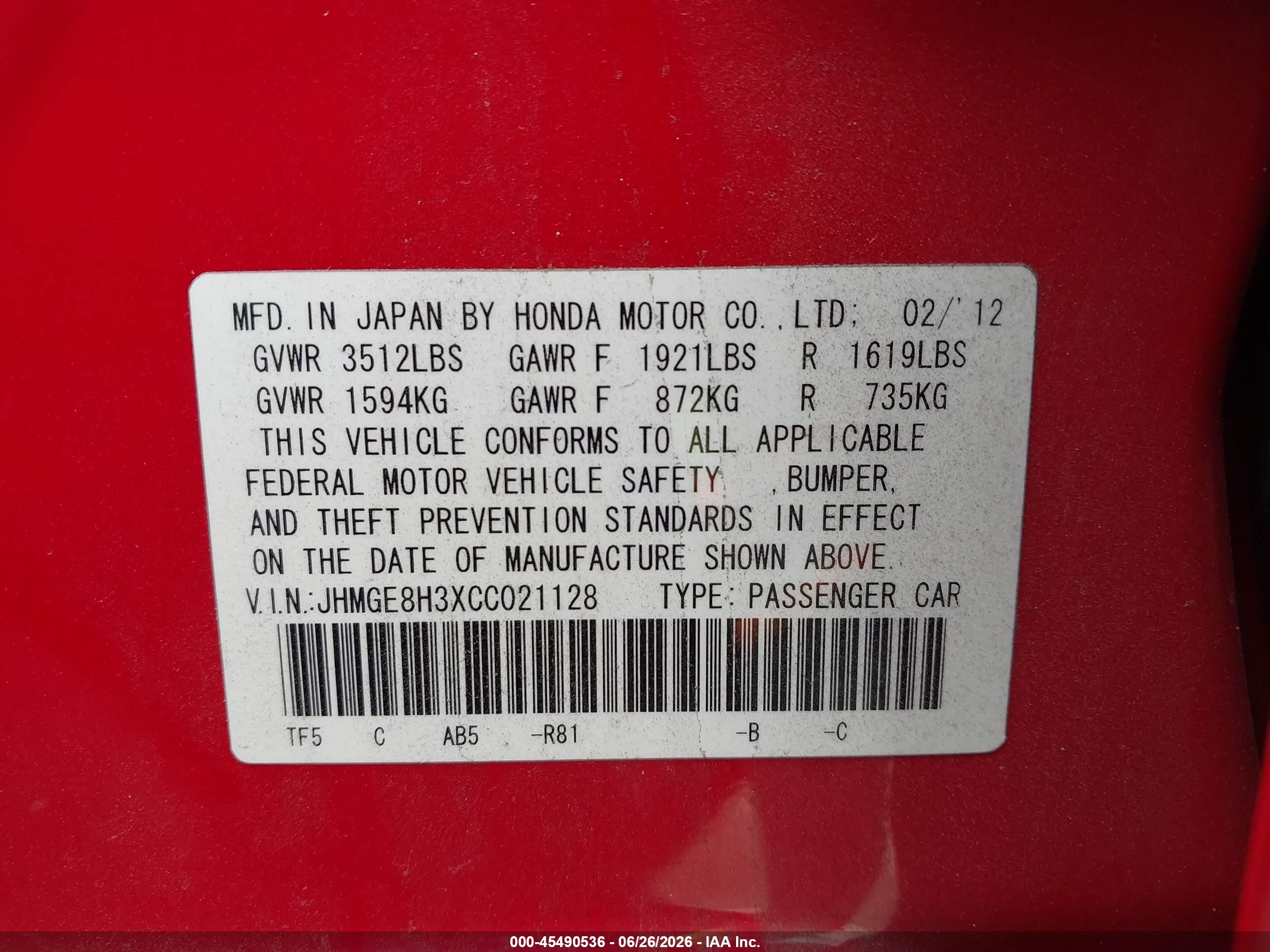 2012 Honda Fit   Red vin: JHMGE8H3XCC021128