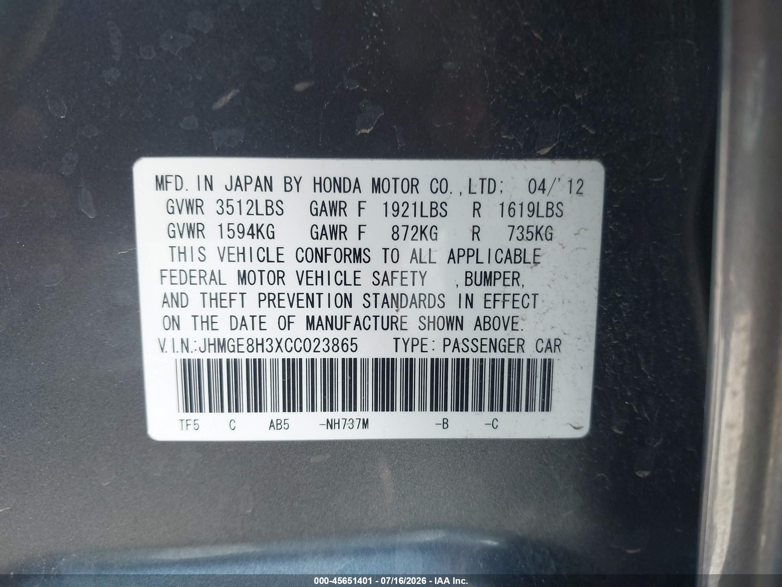 2012 Honda Fit   Black vin: JHMGE8H3XCC023865