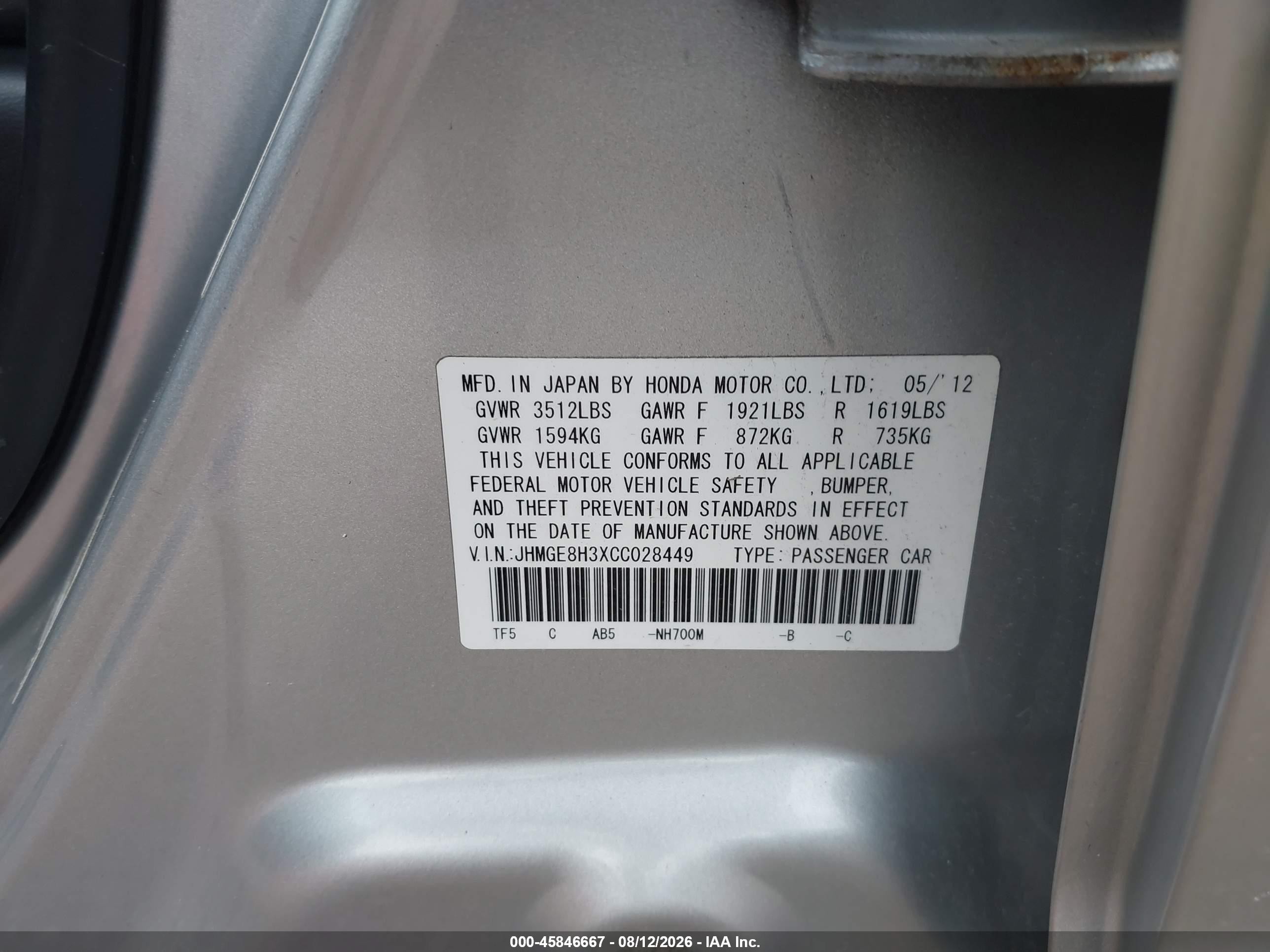 2012 Honda Fit   Silver vin: JHMGE8H3XCC028449