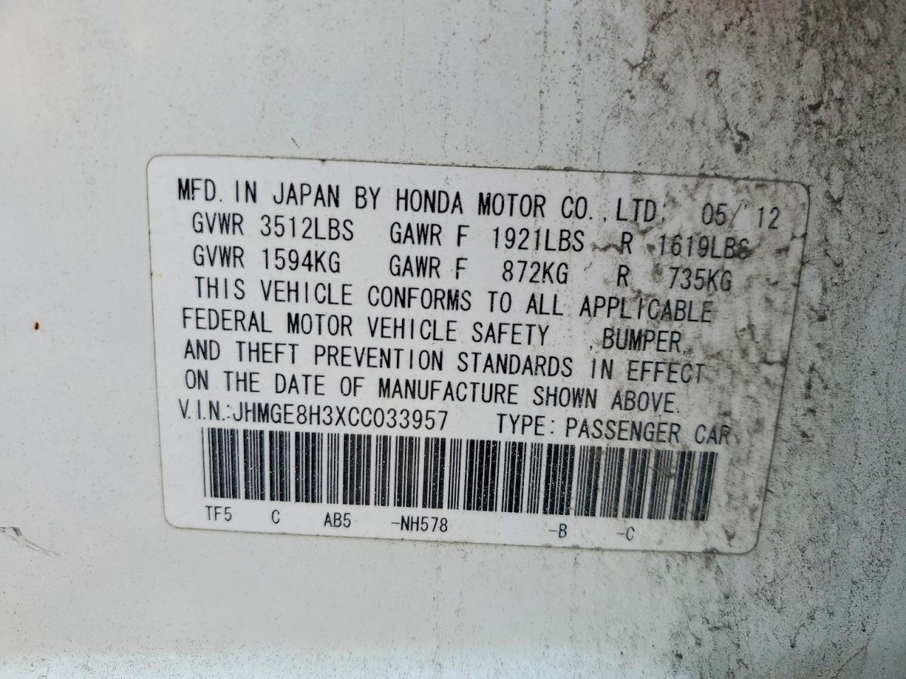 2012 Honda Fit White vin: JHMGE8H3XCC033957