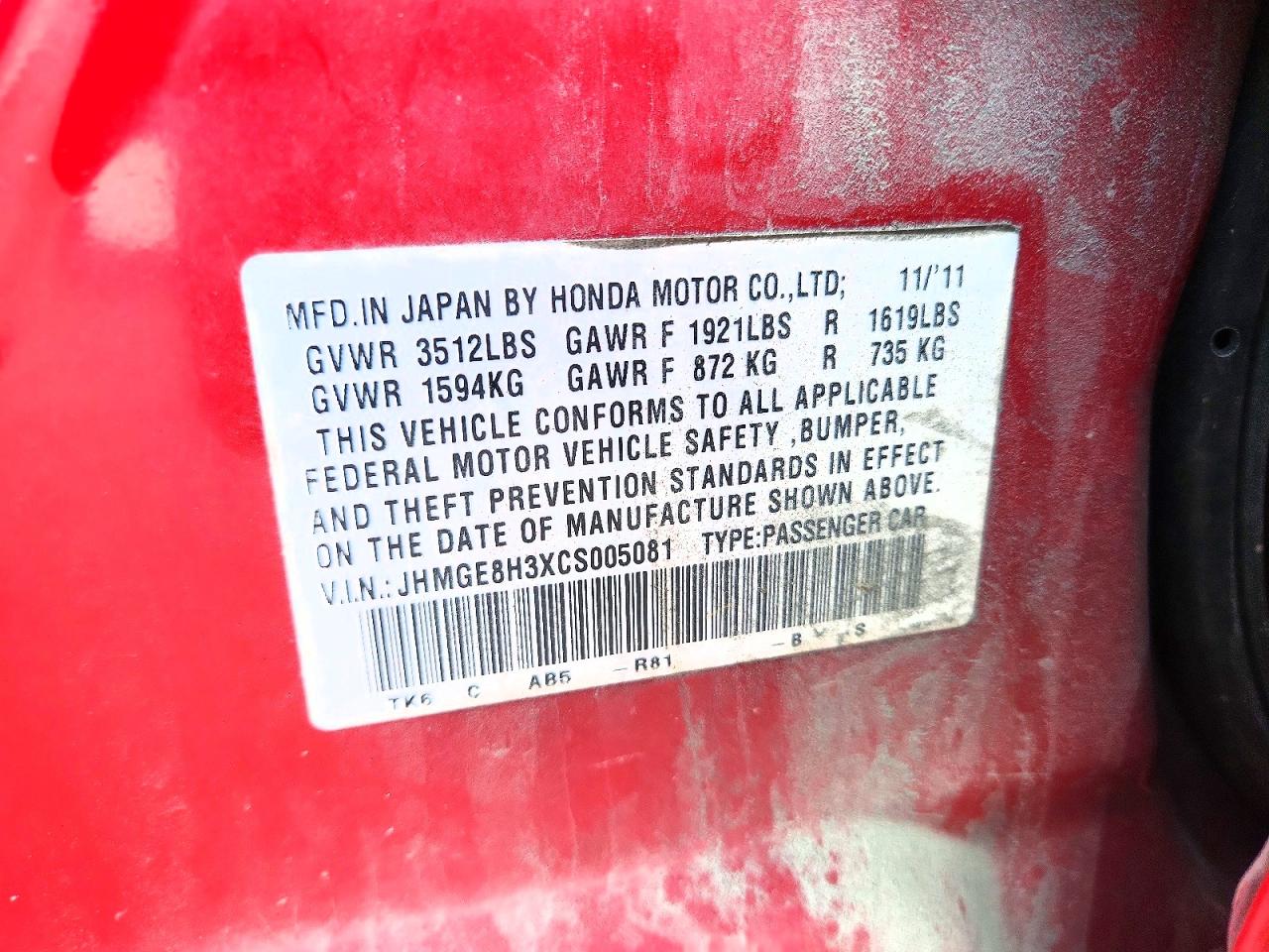 2012 Honda Fit Red vin: JHMGE8H3XCS005081
