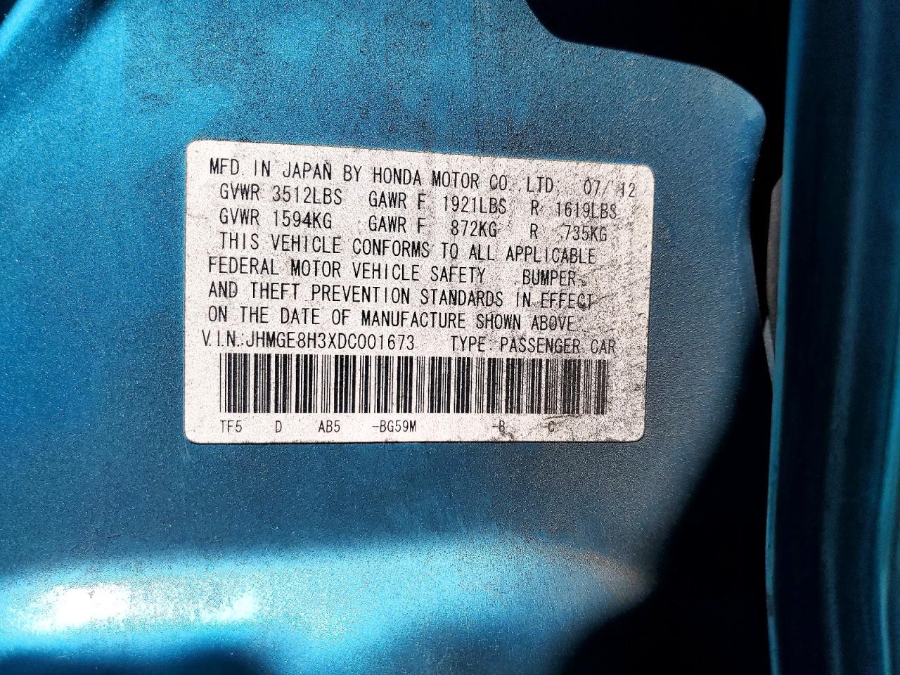 2013 Honda Fit Blue vin: JHMGE8H3XDC001673