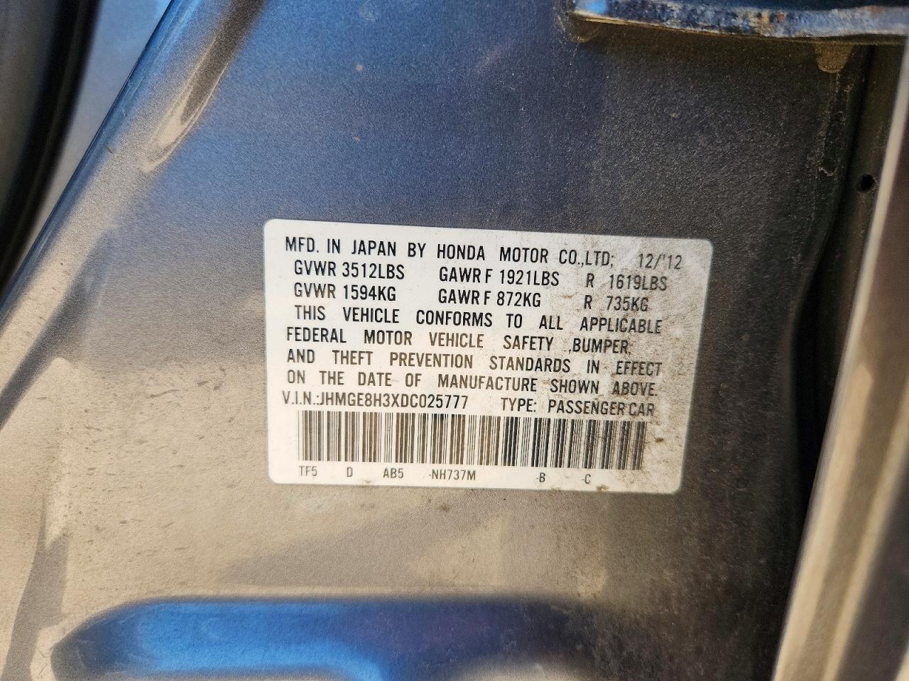 2013 Honda Fit Charcoal vin: JHMGE8H3XDC025777