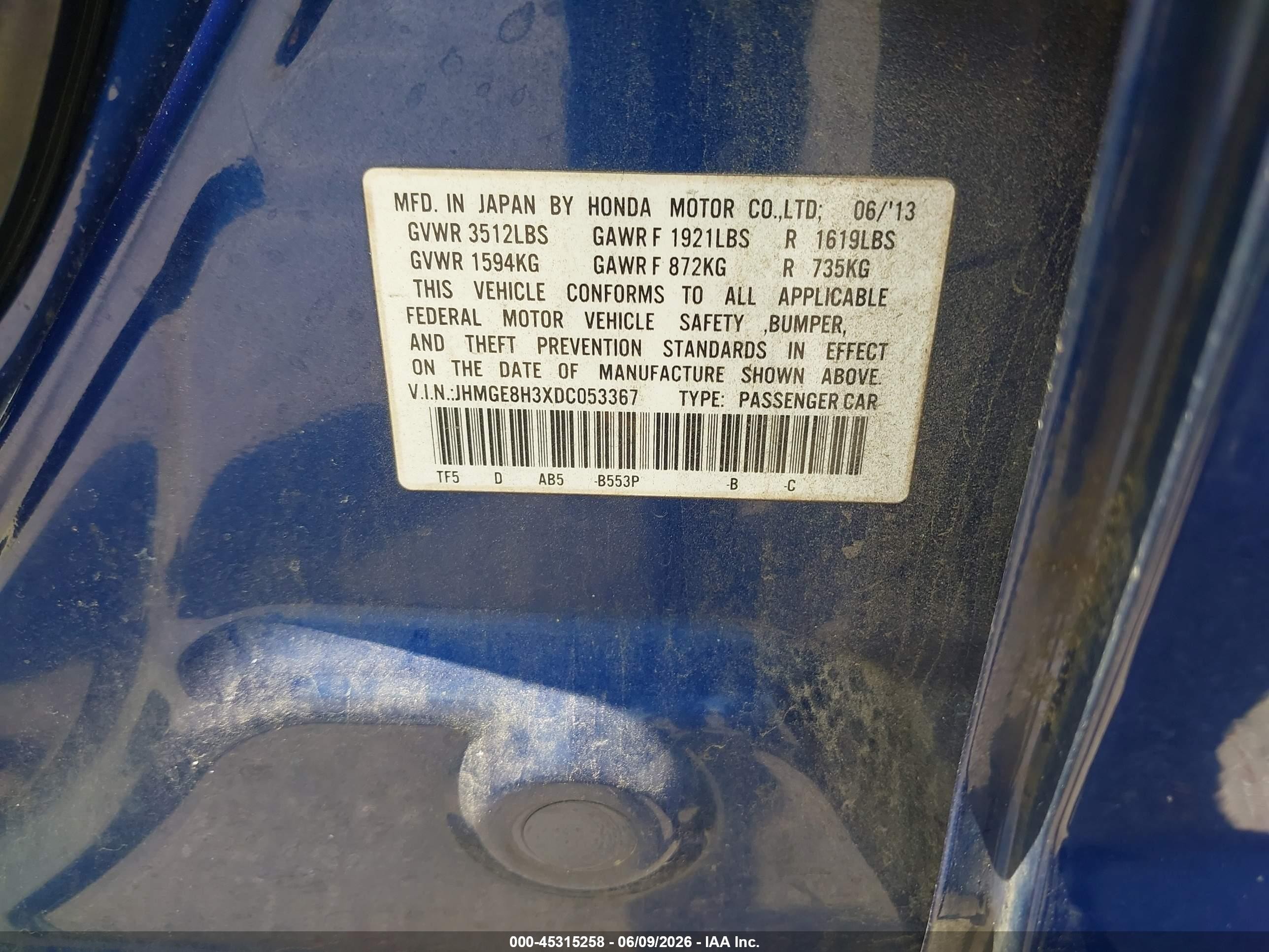 2013 Honda Fit   Blue vin: JHMGE8H3XDC053367