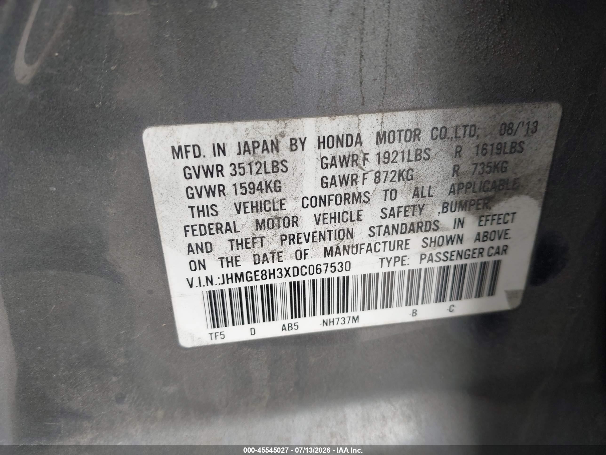 2013 Honda Fit   Gray vin: JHMGE8H3XDC067530